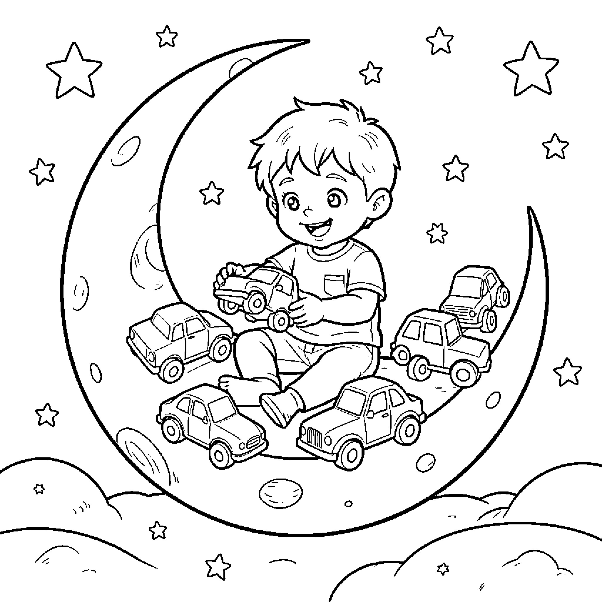 Niño playing happily with toy cars on the moon Coloring Page (free black-and-white line drawing printable PDF for all, from beginners to advanced learners, including children, teens, adults, and seniors)