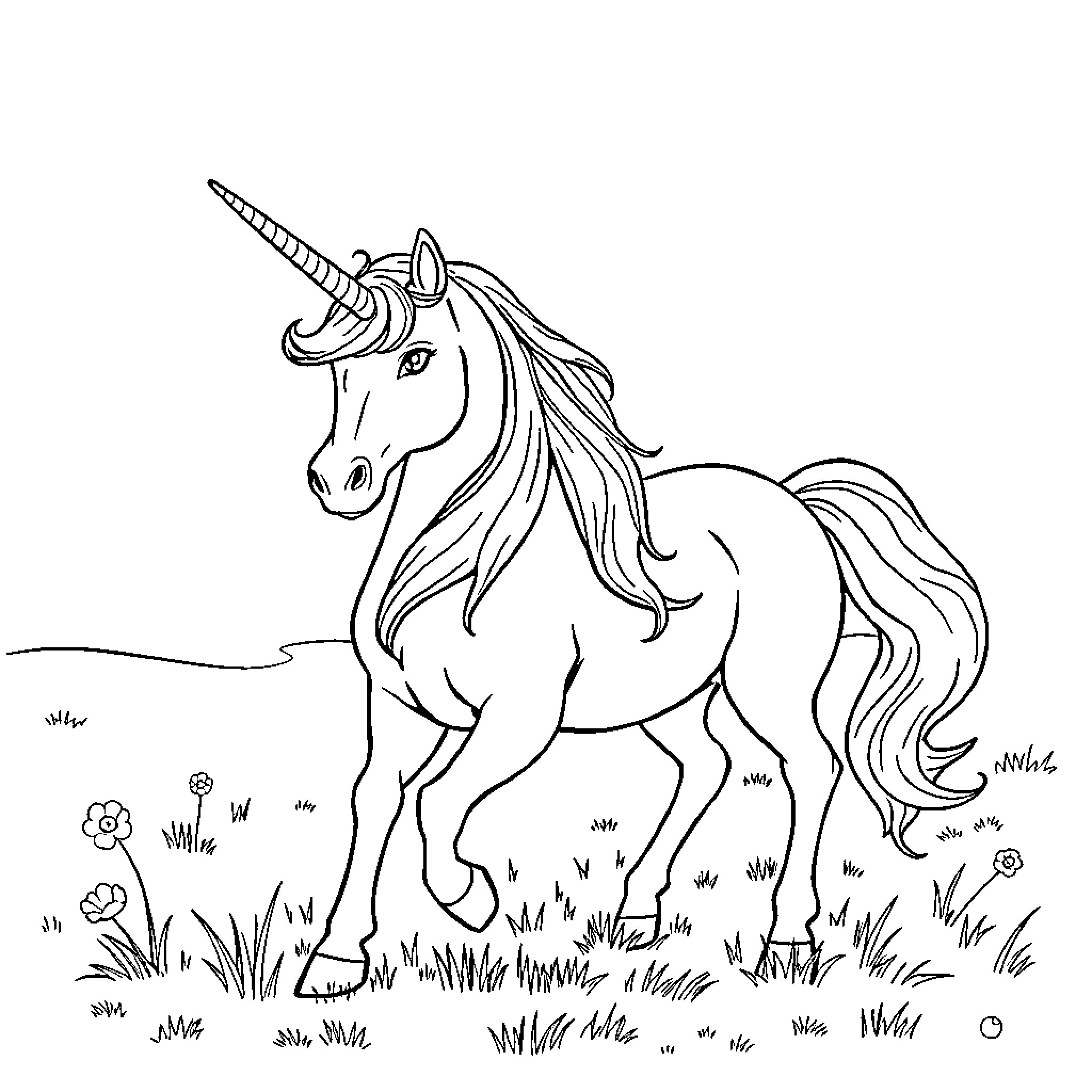 Unicorn galloping through a meadow Coloring Page (free black-and-white line drawing printable PDF for all, from beginners to advanced learners, including children, teens, adults, and seniors)