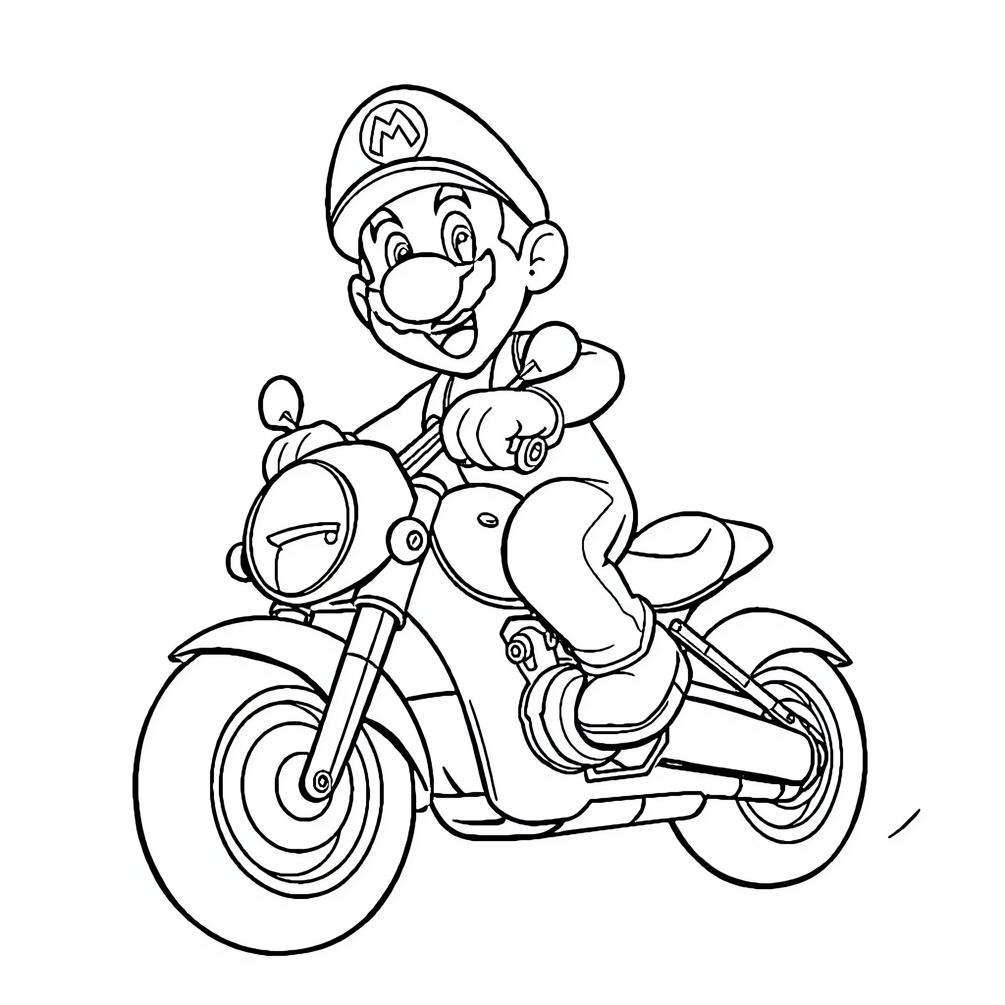 Mario riding a motorcycle happily Coloring Page (free black-and-white line drawing printable PDF for all, from beginners to advanced learners, including children, teens, adults, and seniors)