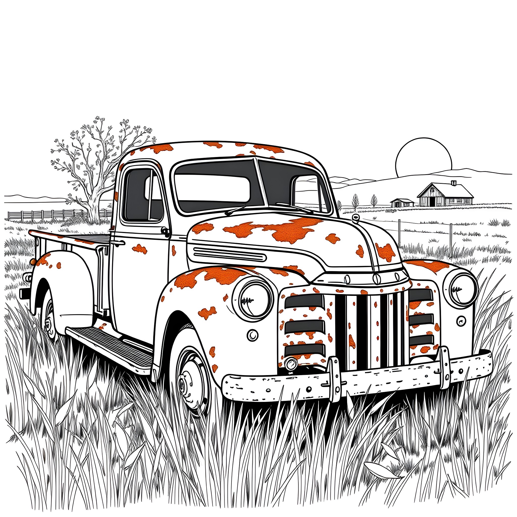 Truck in a rustic countryside scene Coloring Page (free black-and-white line drawing printable PDF for all, from beginners to advanced learners, including children, teens, adults, and seniors)