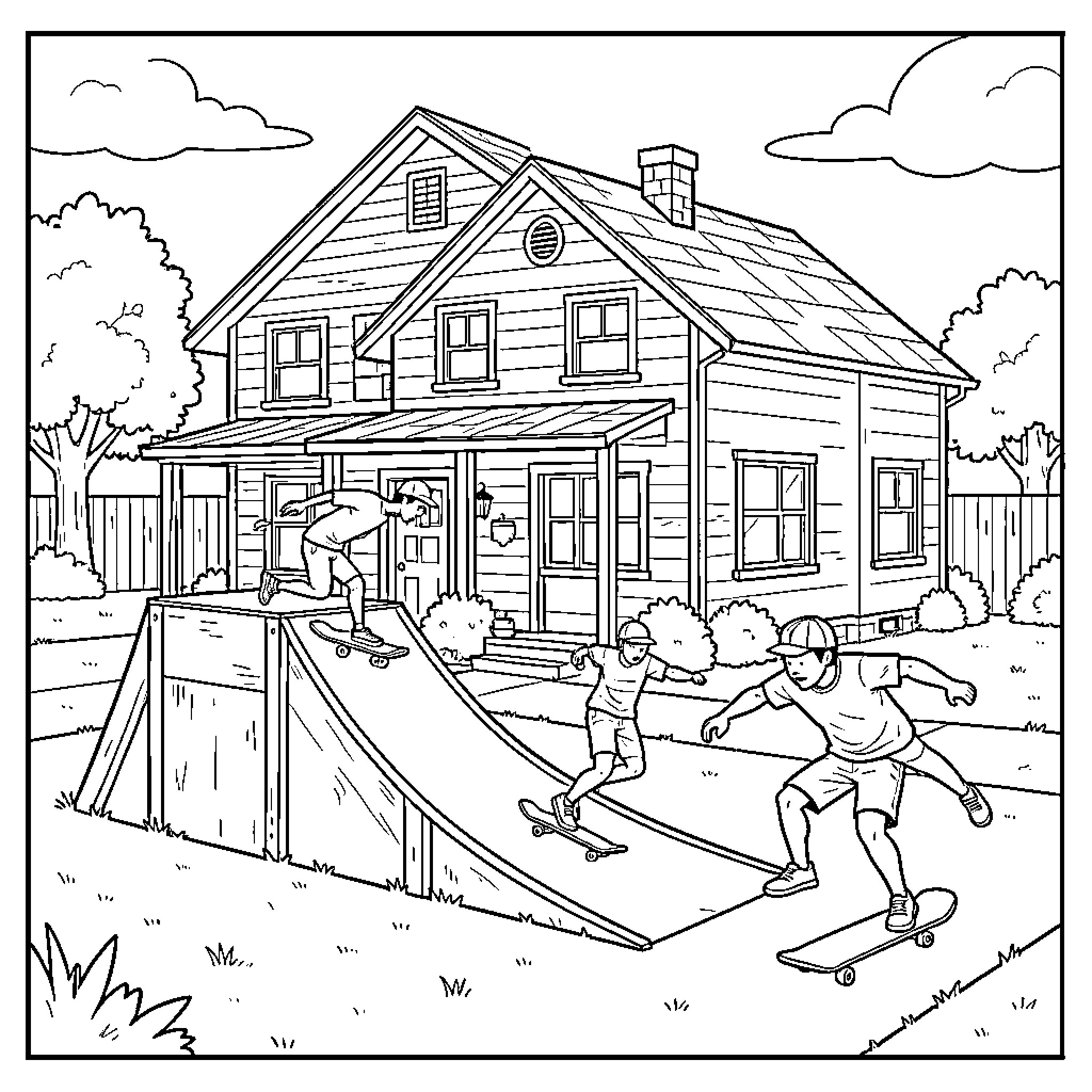 House backyard with children skateboarding on a ramp Coloring Page (free black-and-white line drawing printable PDF for all, from beginners to advanced learners, including children, teens, adults, and seniors)