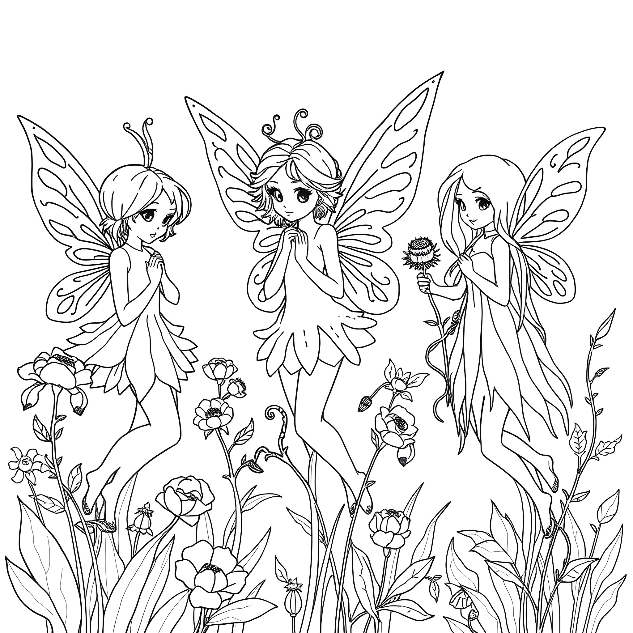 Fairy Maidens Frolicking Amongst Flowers Coloring Page (free black-and-white line drawing printable PDF for all, from beginners to advanced learners, including children, teens, adults, and seniors)