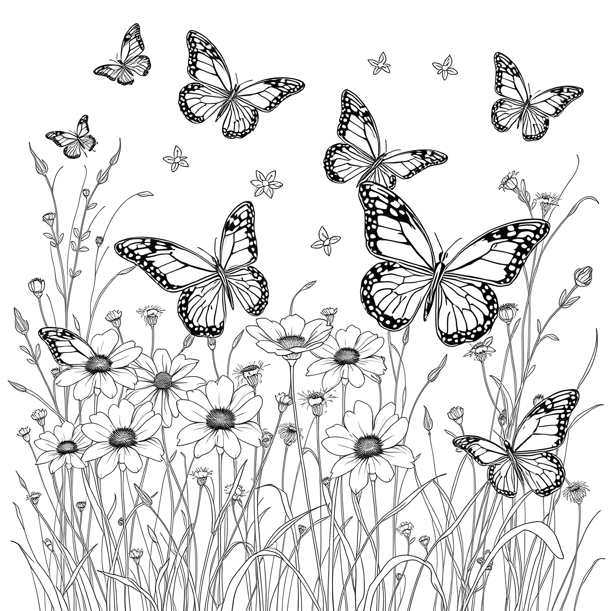 Butterfly Flight in Blooming Floral Garden Coloring Page (free black-and-white line drawing printable PDF for all, from beginners to advanced learners, including children, teens, adults, and seniors)