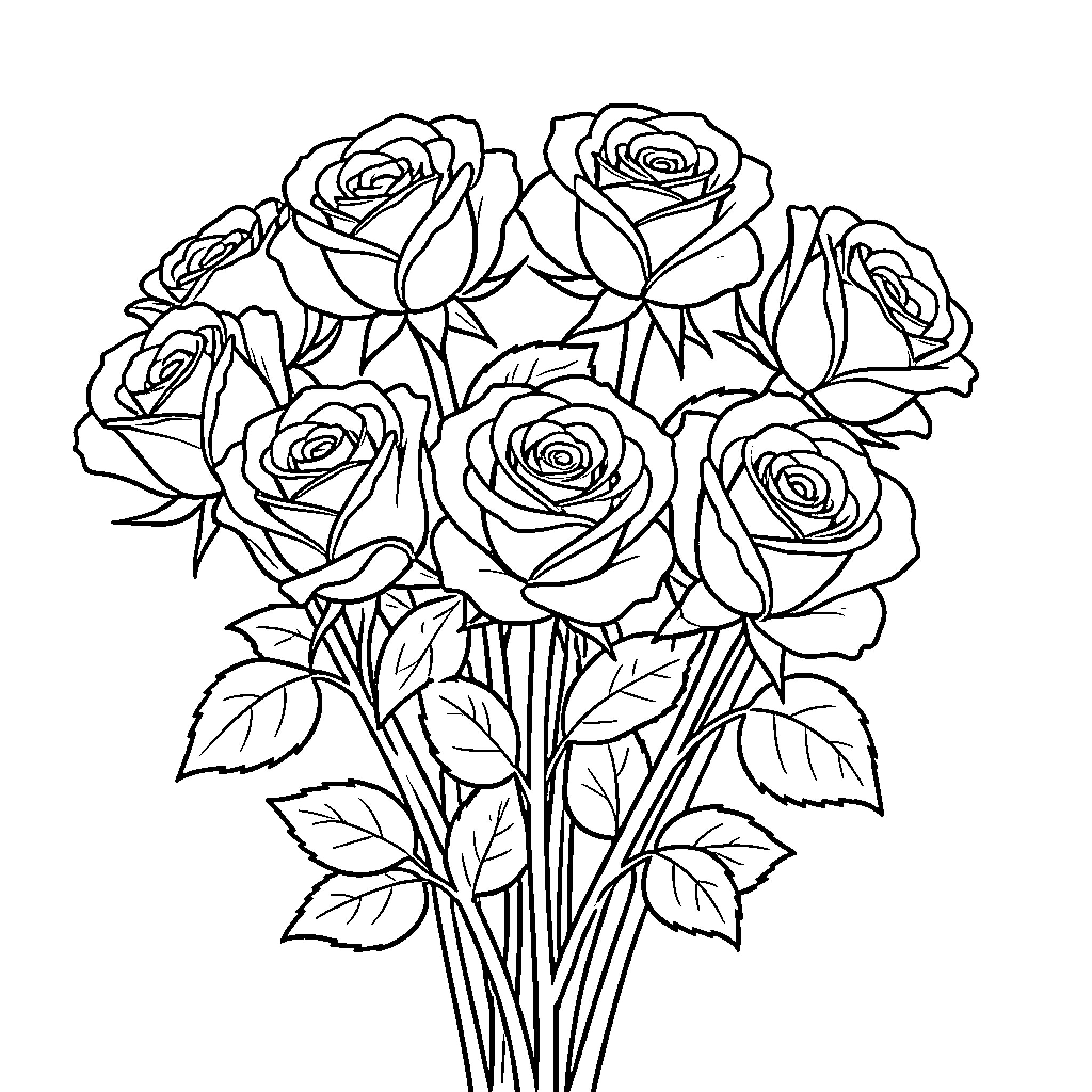 Rose bouquet arranged in a beautiful floral arrangement Coloring Page (free black-and-white line drawing printable PDF for all, from beginners to advanced learners, including children, teens, adults, and seniors)