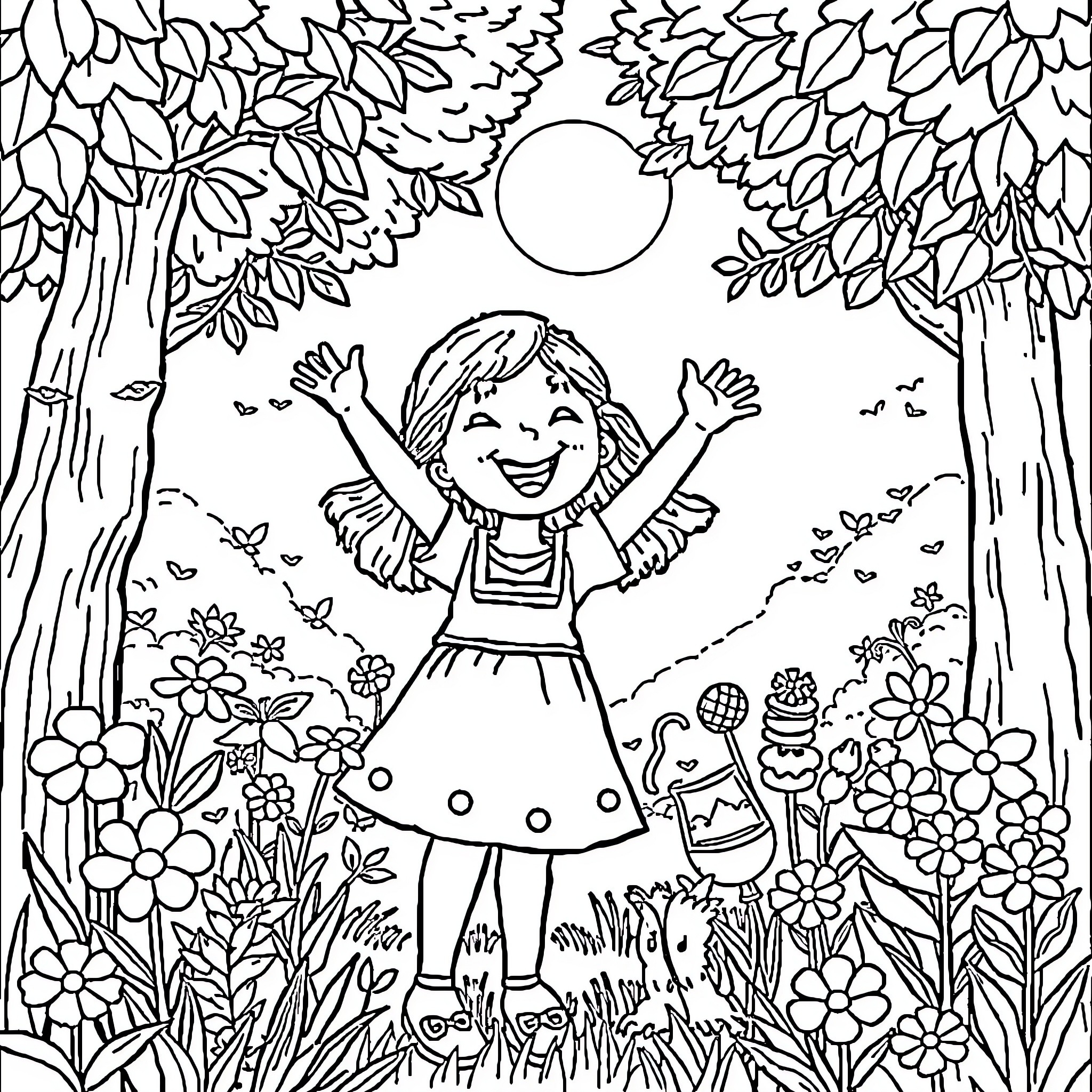 Fille playing joyfully in enchanted forest Coloring Page (free black-and-white line drawing printable PDF for all, from beginners to advanced learners, including children, teens, adults, and seniors)