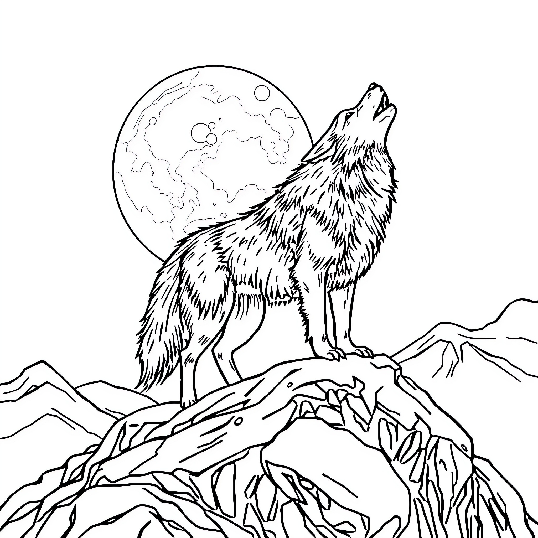 Wolf howling at the full moon in the mountains Coloring Page (free black-and-white line drawing printable PDF for all, from beginners to advanced learners, including children, teens, adults, and seniors)