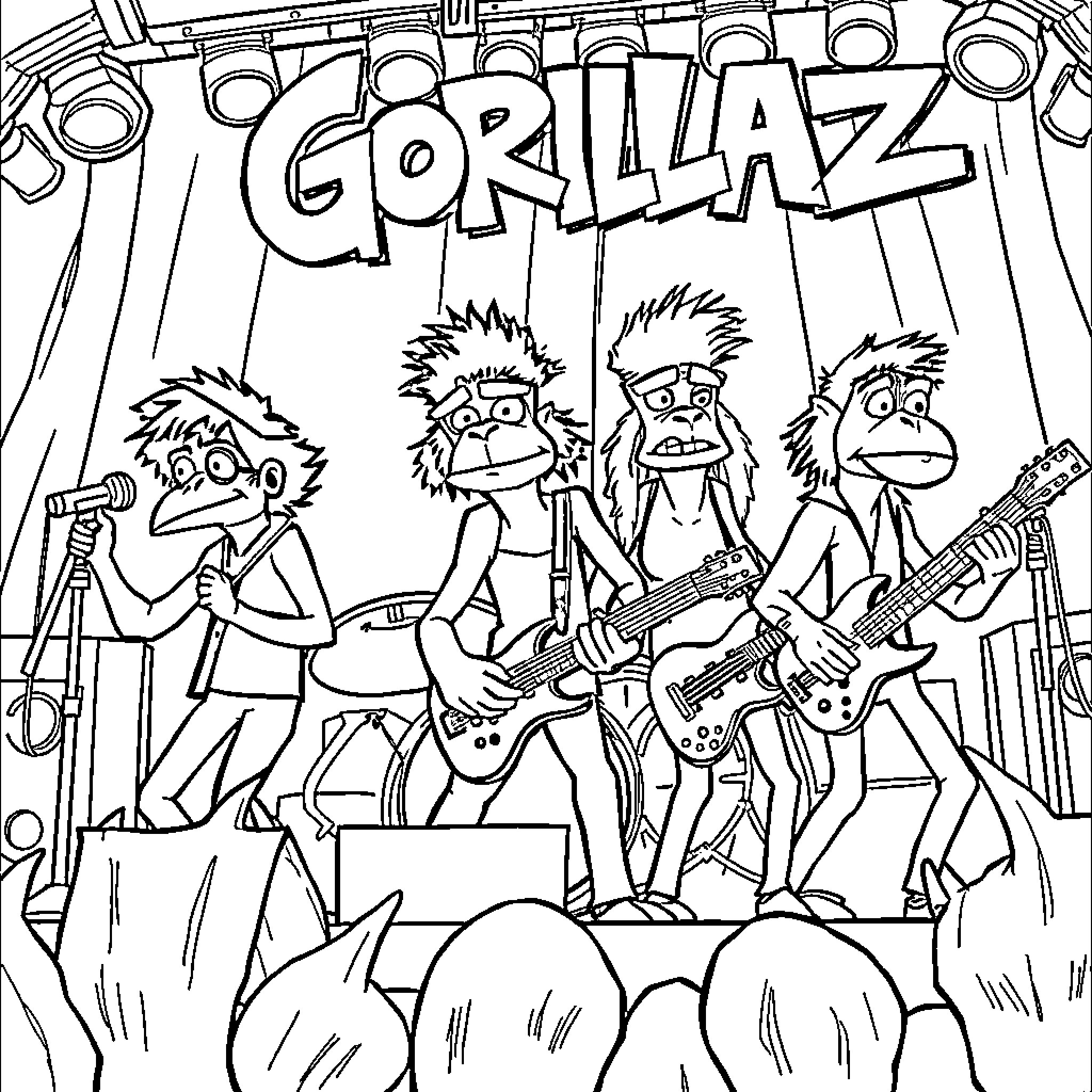Gorillaz band members performing on stage Coloring Page (free black-and-white line drawing printable PDF for all, from beginners to advanced learners, including children, teens, adults, and seniors)