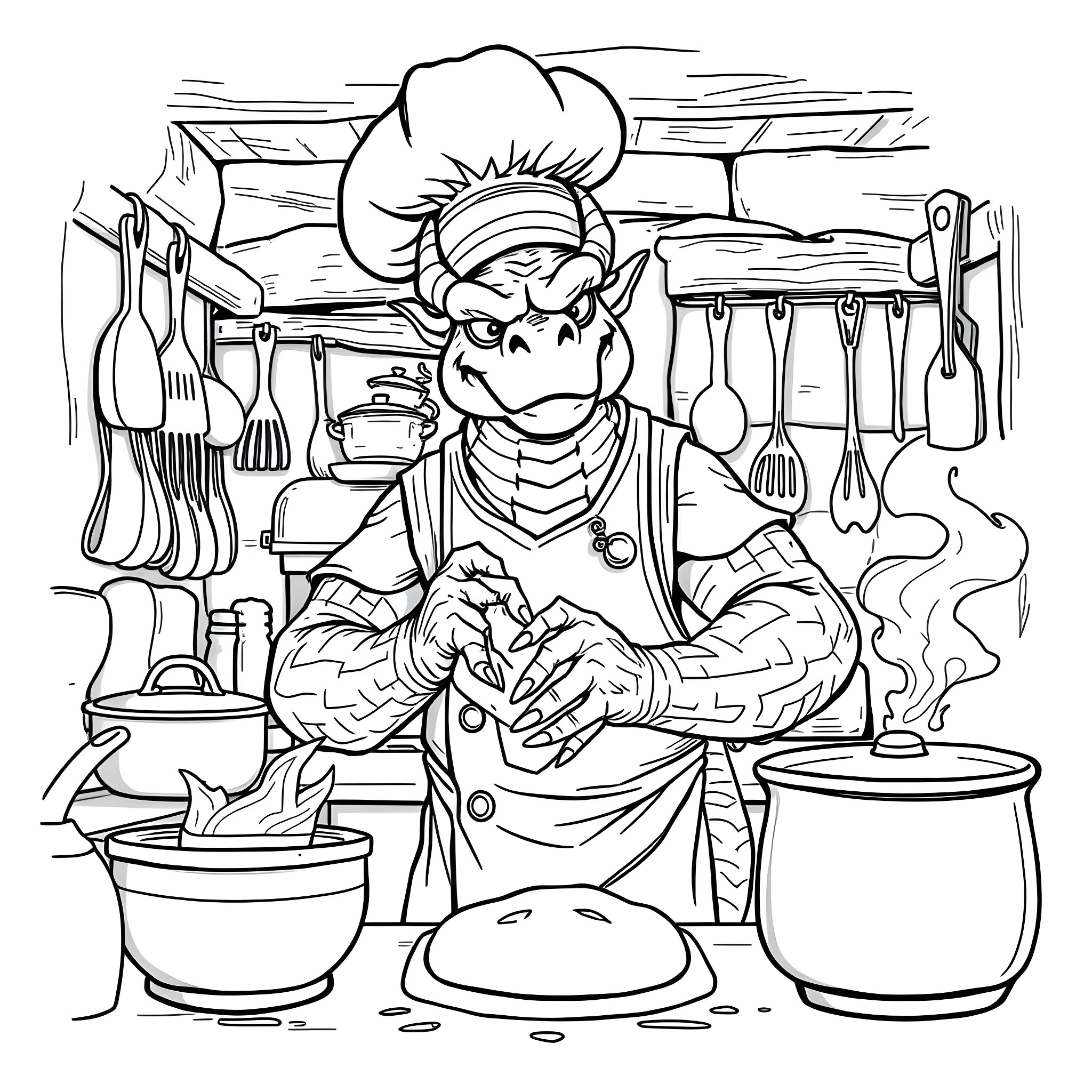 Gorn chef cooking in kitchen with utensils Coloring Page (free black-and-white line drawing printable PDF for all, from beginners to advanced learners, including children, teens, adults, and seniors)