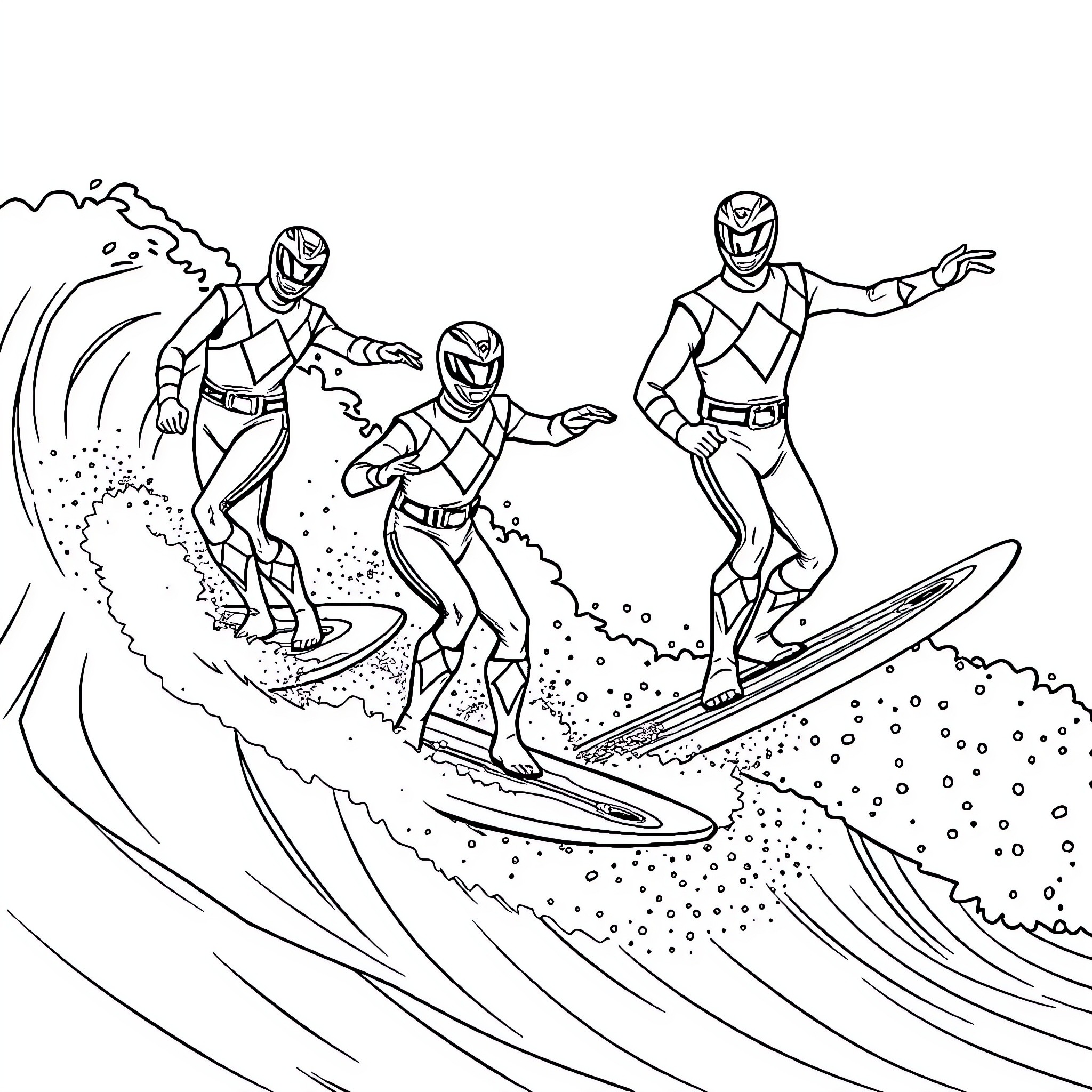 Power Rangers Surfing Epic Wave Coloring Page (free black-and-white line drawing printable PDF for all, from beginners to advanced learners, including children, teens, adults, and seniors)