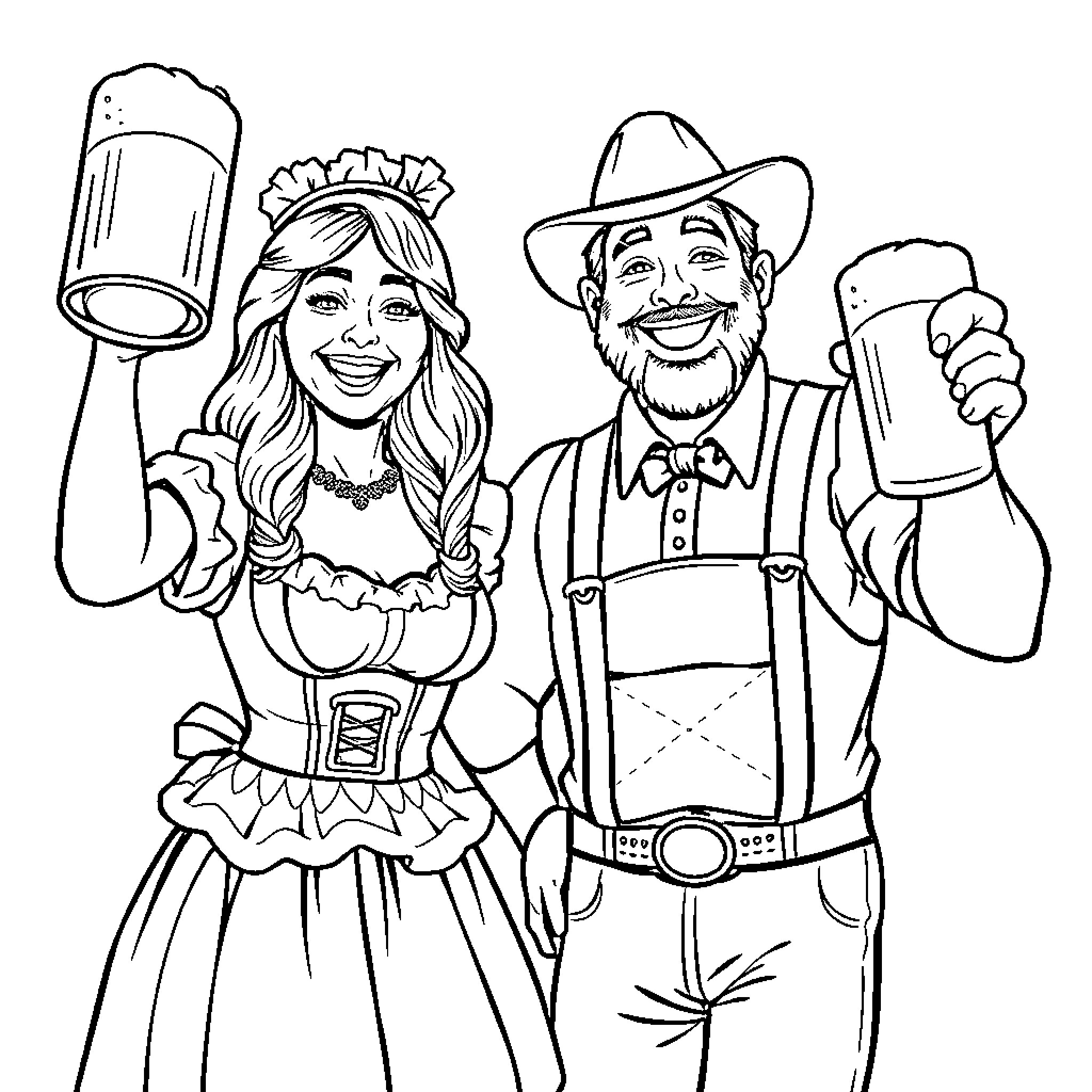 Oktoberfest Celebration with Smiling Revelers Coloring Page (free black-and-white line drawing printable PDF for all, from beginners to advanced learners, including children, teens, adults, and seniors)