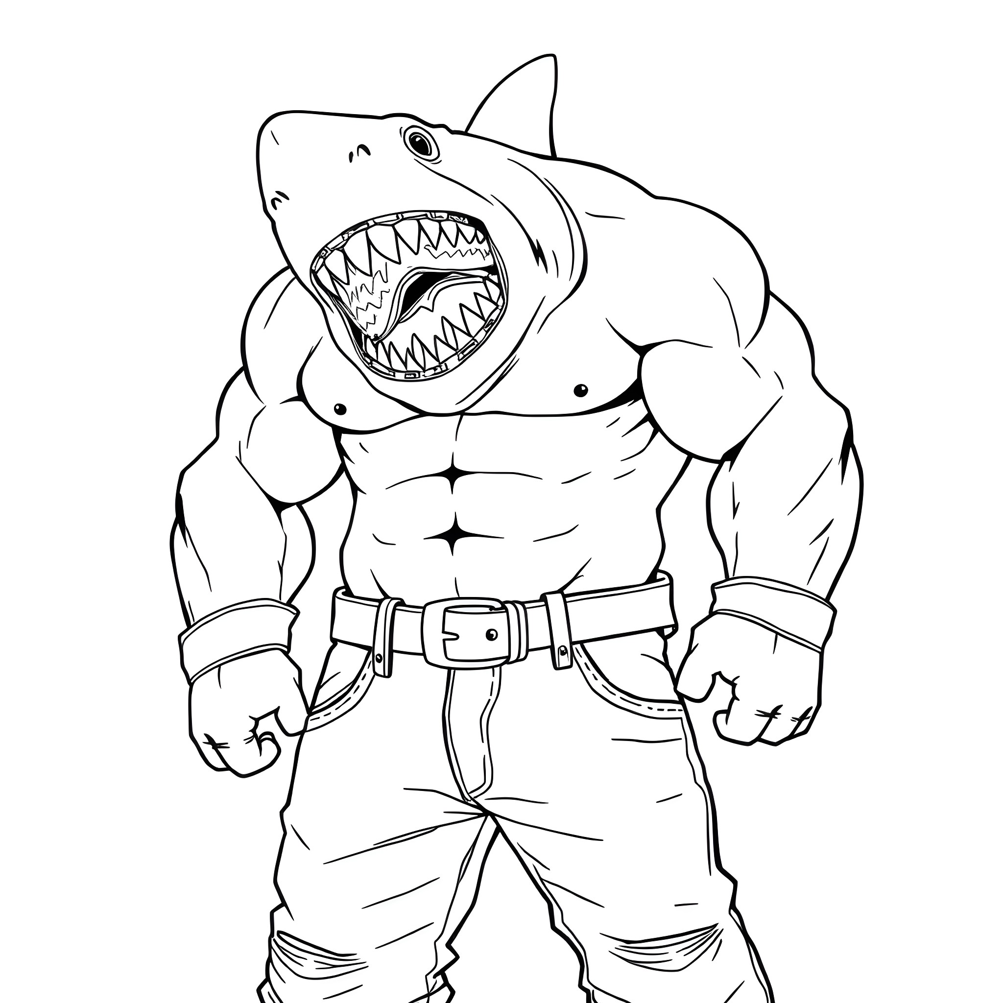 Shark-Themed Muscular Character with Aggressive Stance Coloring Page (free black-and-white line drawing printable PDF for all, from beginners to advanced learners, including children, teens, adults, and seniors)