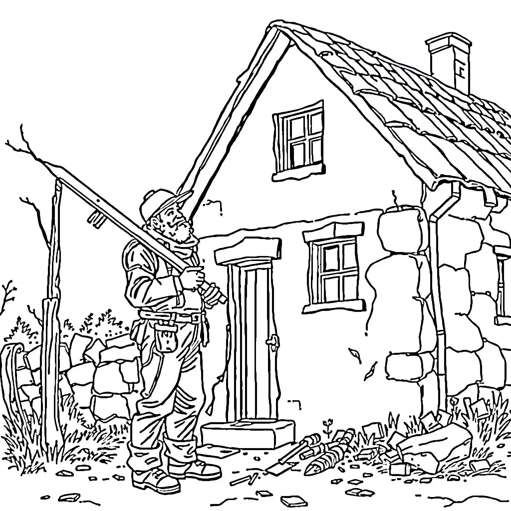 Excavator repairing dilapidated rural house Coloring Page (free black-and-white line drawing printable PDF for all, from beginners to advanced learners, including children, teens, adults, and seniors)
