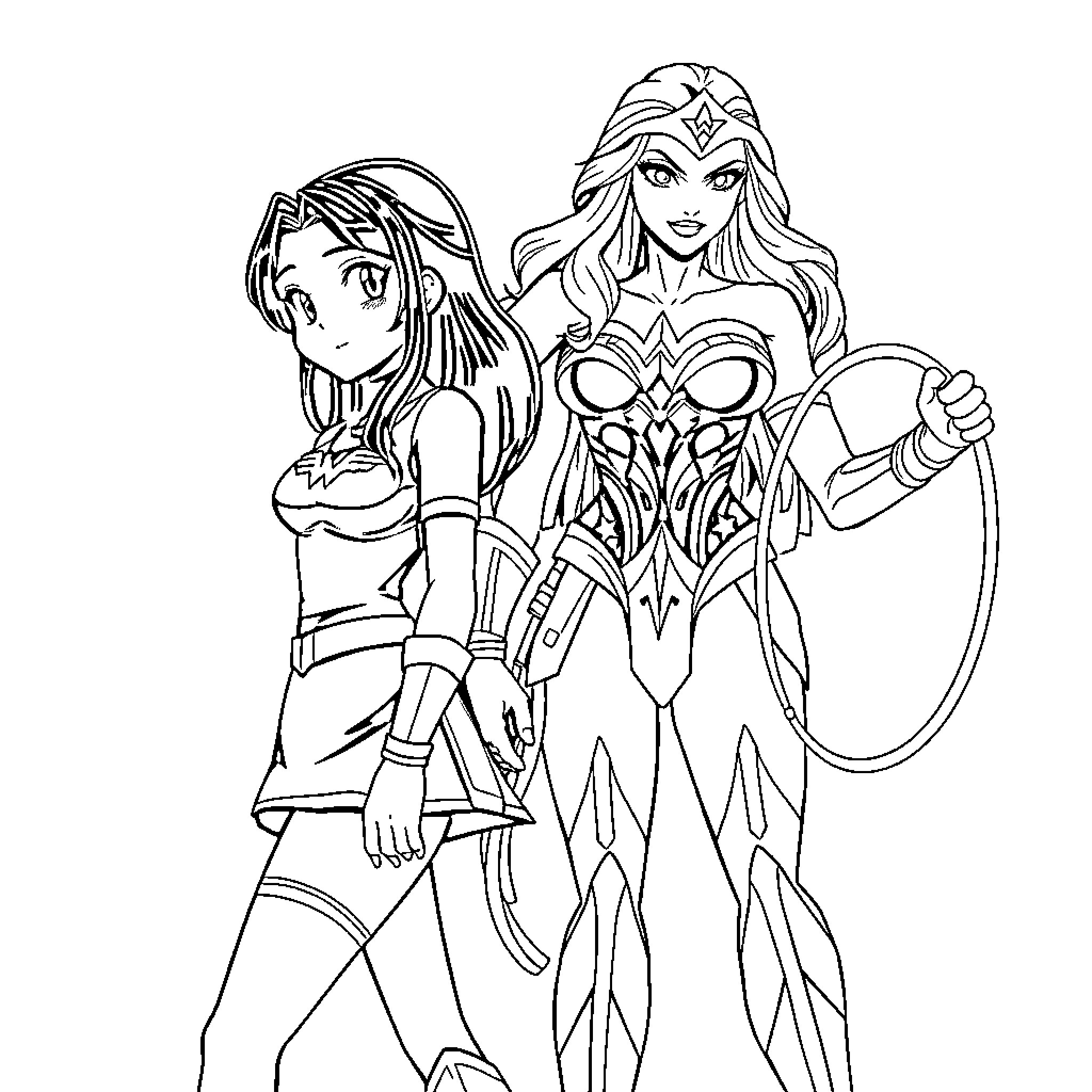 Kuromi and Warrior Woman in Adventure Coloring Page (free black-and-white line drawing printable PDF for all, from beginners to advanced learners, including children, teens, adults, and seniors)