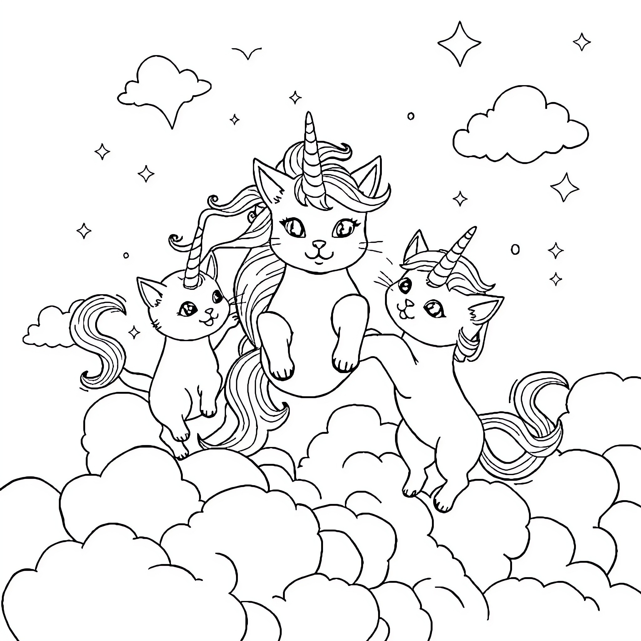 Kittens with unicorn features in a starry sky Coloring Page (free black-and-white line drawing printable PDF for all, from beginners to advanced learners, including children, teens, adults, and seniors)