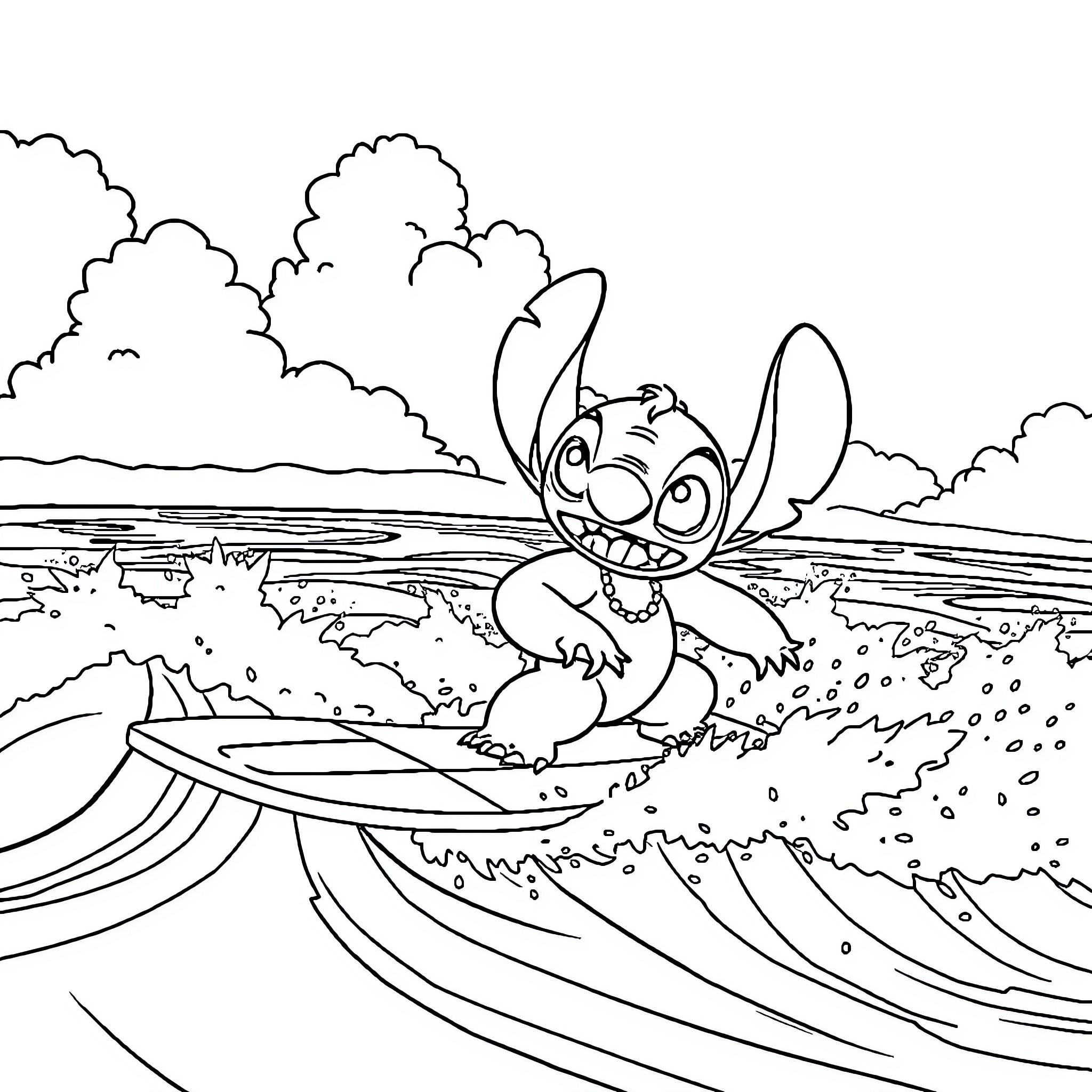 Lilo enjoying a playful day at the beach Coloring Page (free black-and-white line drawing printable PDF for all, from beginners to advanced learners, including children, teens, adults, and seniors)