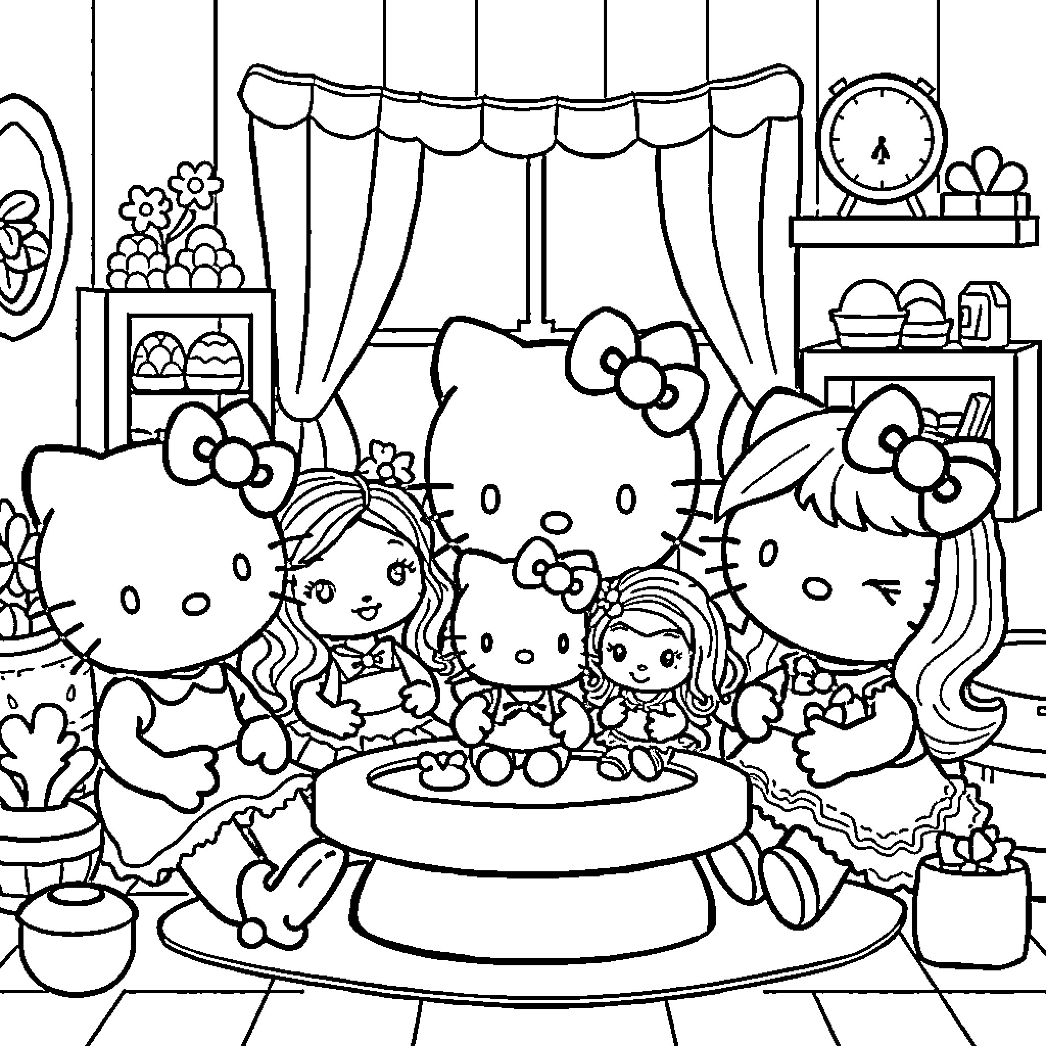 Hello Kitty and friends celebrate with cake Coloring Page (free black-and-white line drawing printable PDF for all, from beginners to advanced learners, including children, teens, adults, and seniors)