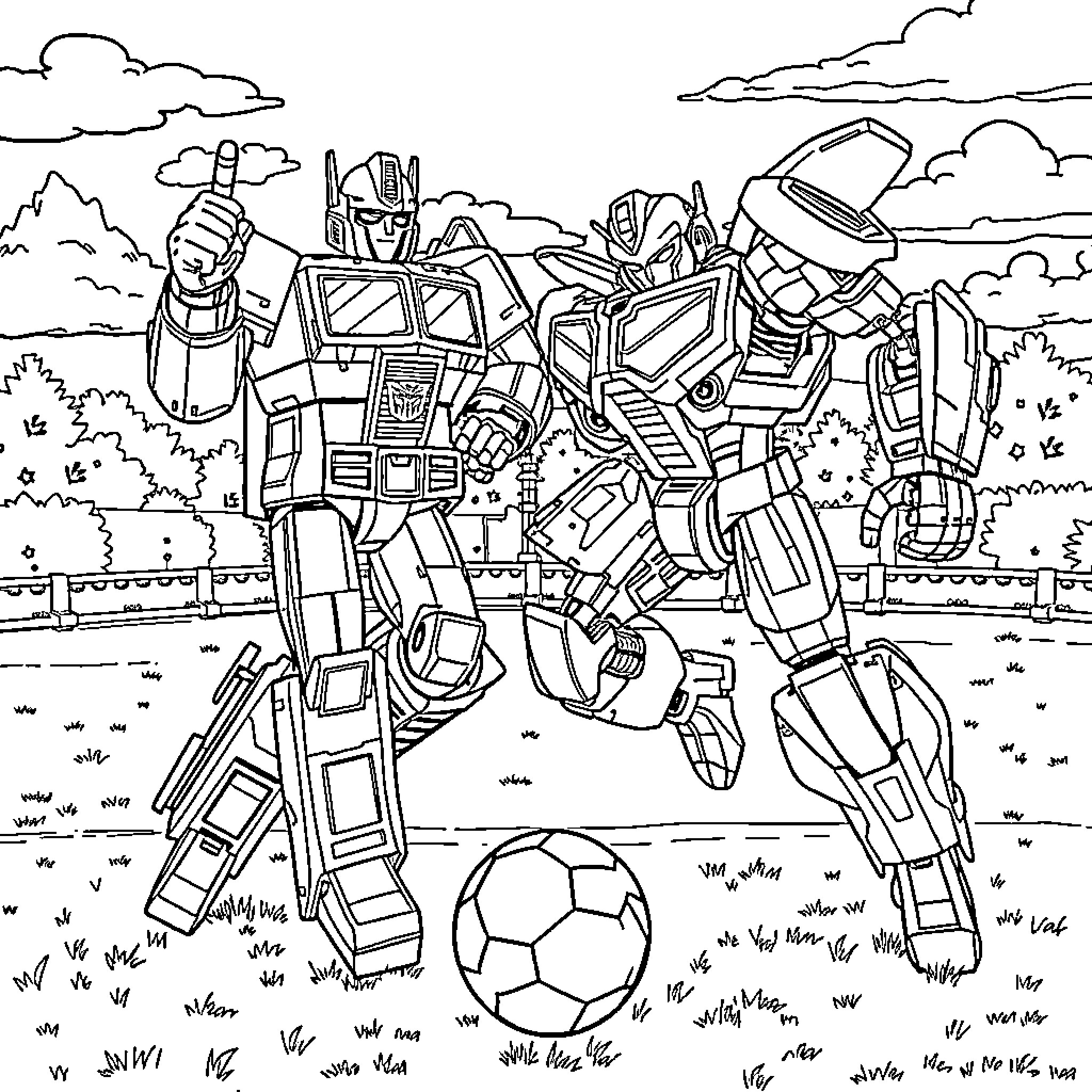 Optimus Prime and Autobots Playing Soccer in a Field Coloring Page (free black-and-white line drawing printable PDF for all, from beginners to advanced learners, including children, teens, adults, and seniors)