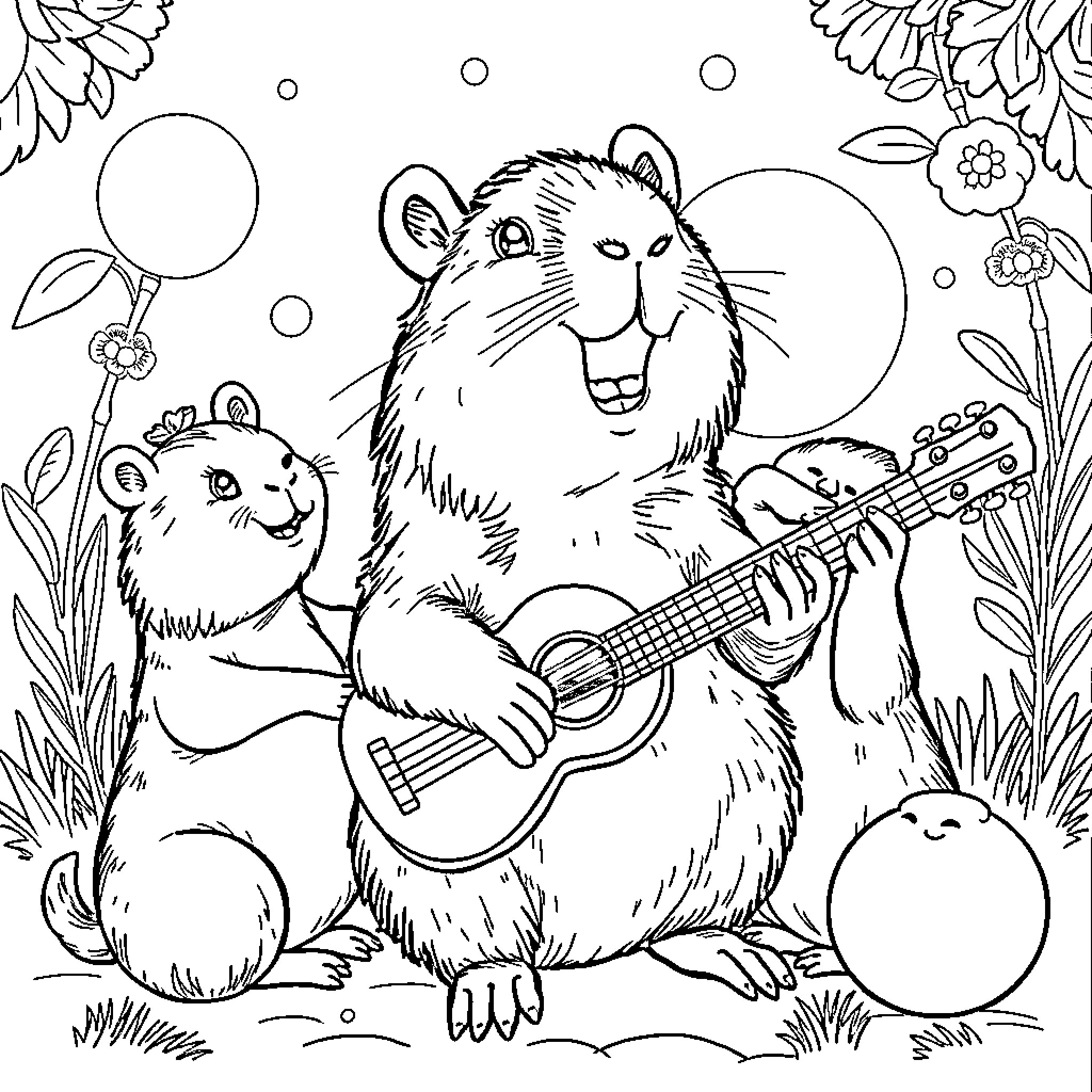 Capybara musicians playing guitar and singing Coloring Page (free black-and-white line drawing printable PDF for all, from beginners to advanced learners, including children, teens, adults, and seniors)