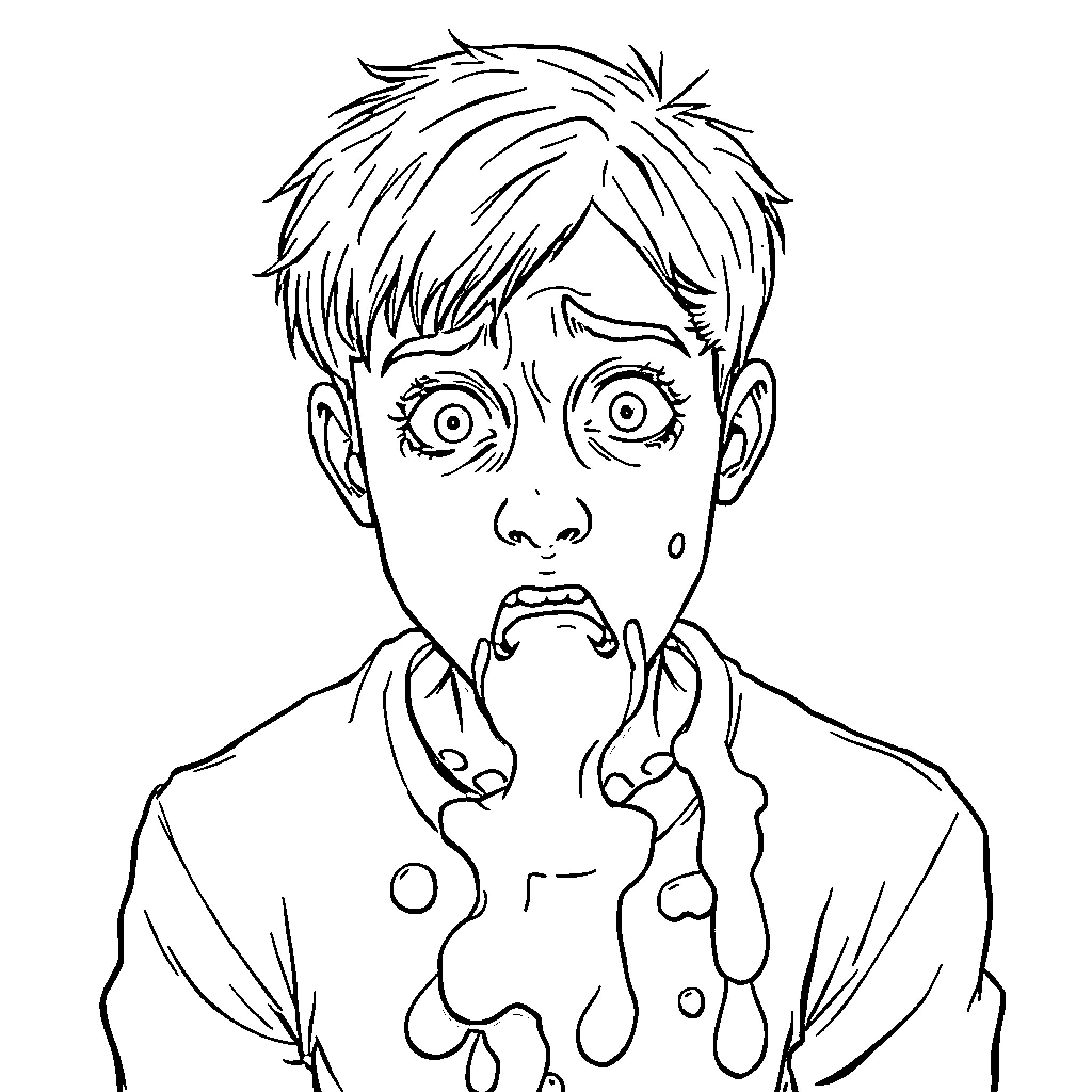 Teenager with surprised expression and disheveled appearance Coloring Page (free black-and-white line drawing printable PDF for all, from beginners to advanced learners, including children, teens, adults, and seniors)