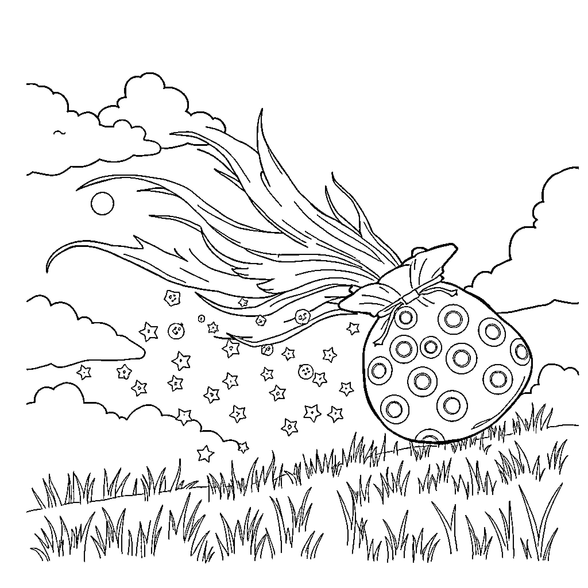Button Bouncing Ball in Starry Night Meadow Coloring Page (free black-and-white line drawing printable PDF for all, from beginners to advanced learners, including children, teens, adults, and seniors)