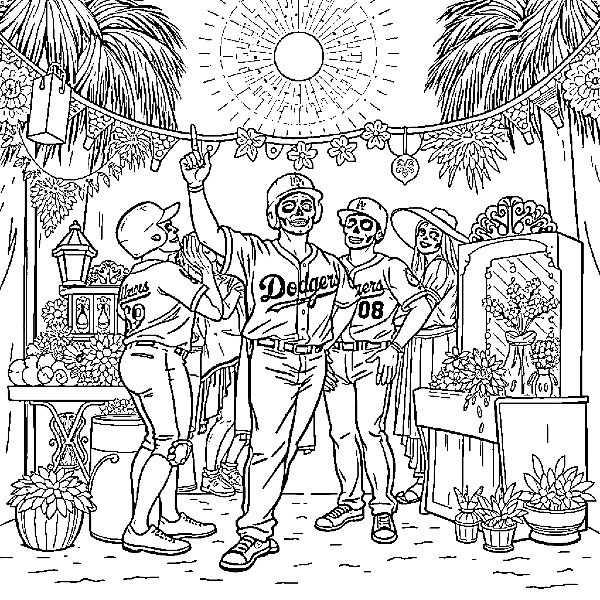 Los Angeles Dodgers Fans Celebrate at Tropical Party Coloring Page (free black-and-white line drawing printable PDF for all, from beginners to advanced learners, including children, teens, adults, and seniors)