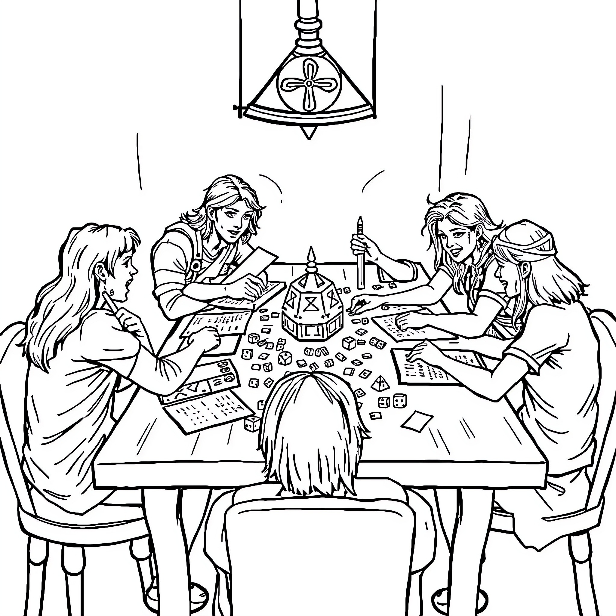 Friend's Magical Gathering Around the Table Coloring Page (free black-and-white line drawing printable PDF for all, from beginners to advanced learners, including children, teens, adults, and seniors)