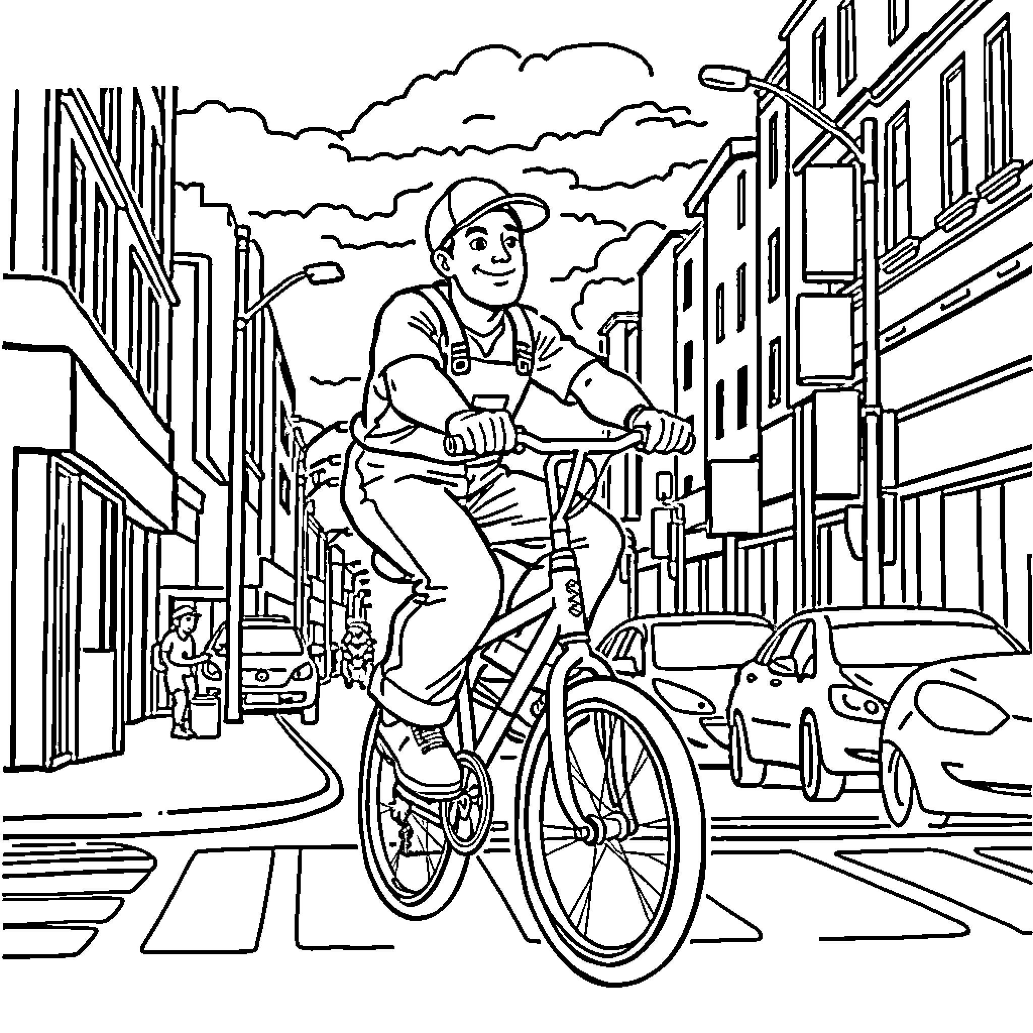 Plumber Riding Bicycle Through City Streets Coloring Page (free black-and-white line drawing printable PDF for all, from beginners to advanced learners, including children, teens, adults, and seniors)