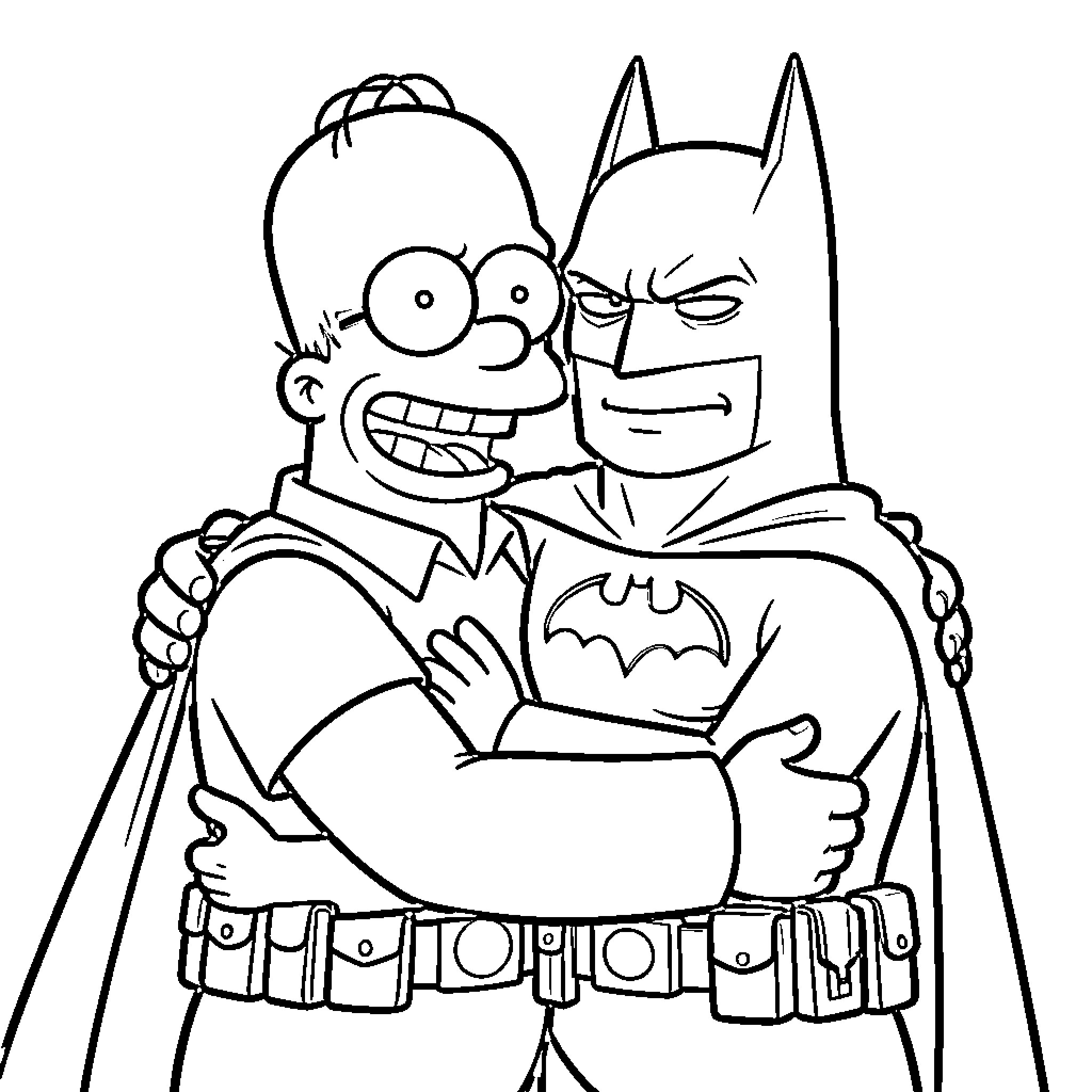 Homer Simpson as Batman: Superhero Duo Coloring Page (free black-and-white line drawing printable PDF for all, from beginners to advanced learners, including children, teens, adults, and seniors)