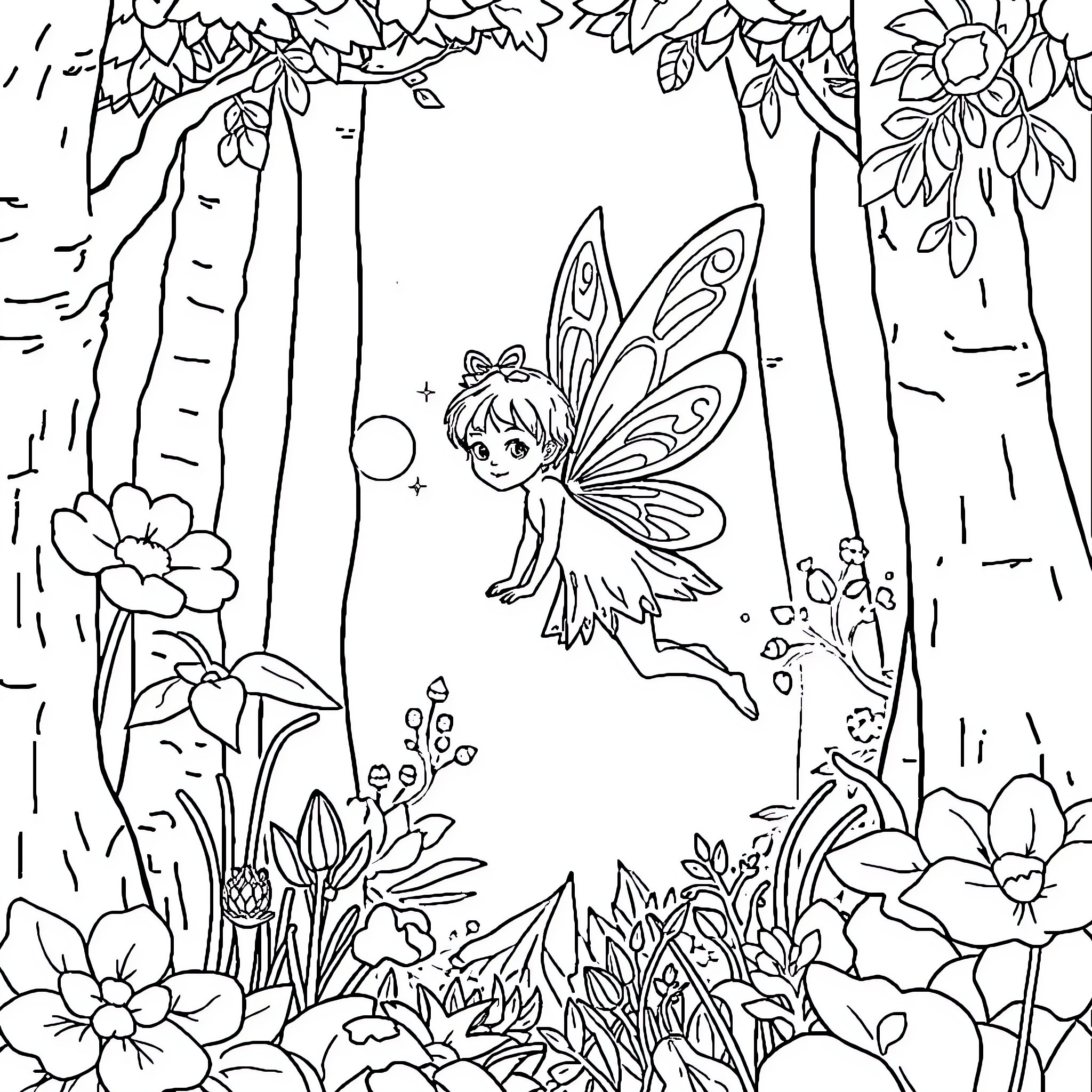 Fairy flying among flowers in the forest Coloring Page (free black-and-white line drawing printable PDF for all, from beginners to advanced learners, including children, teens, adults, and seniors)