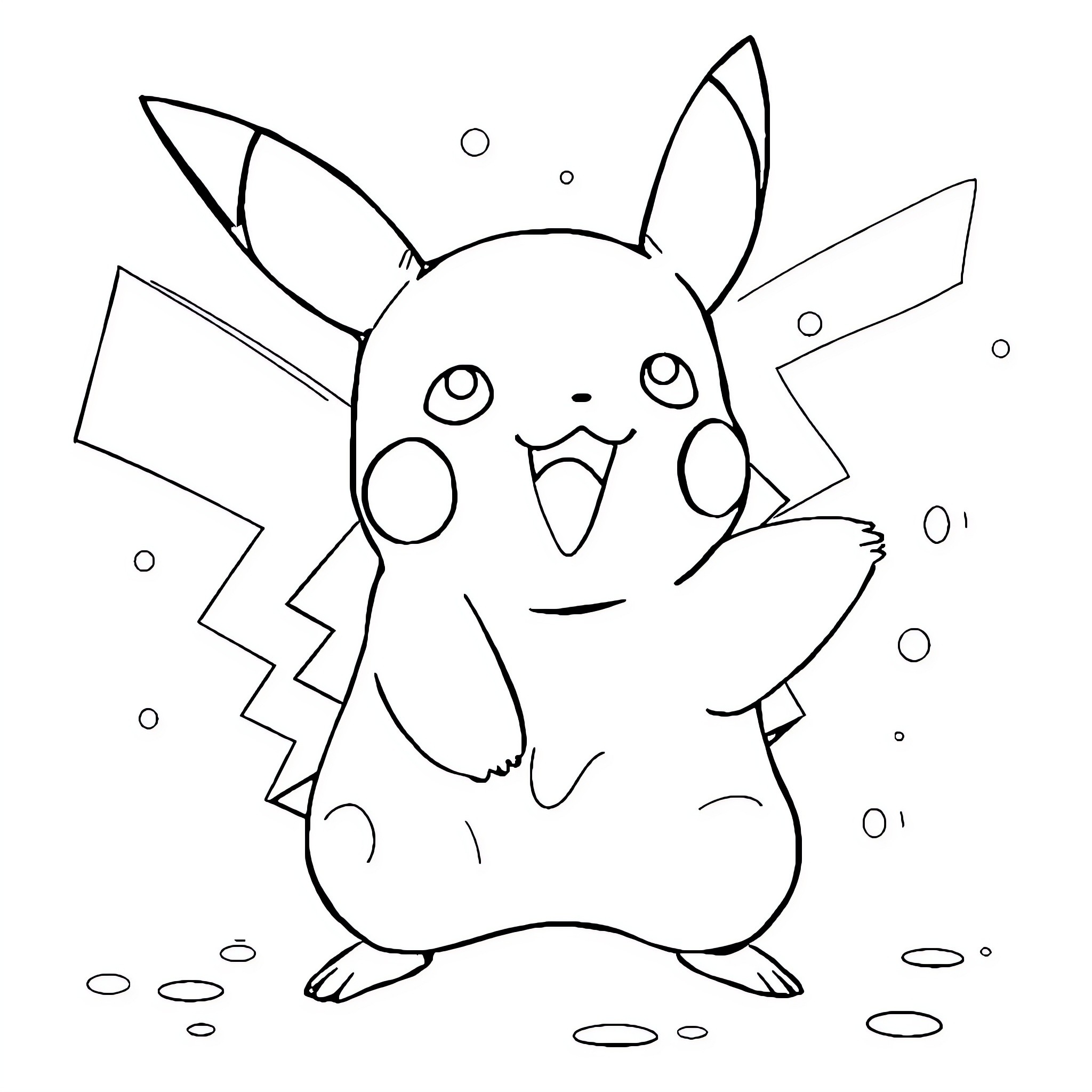 Pikachu happily waving in a snowy scene Coloring Page (free black-and-white line drawing printable PDF for all, from beginners to advanced learners, including children, teens, adults, and seniors)