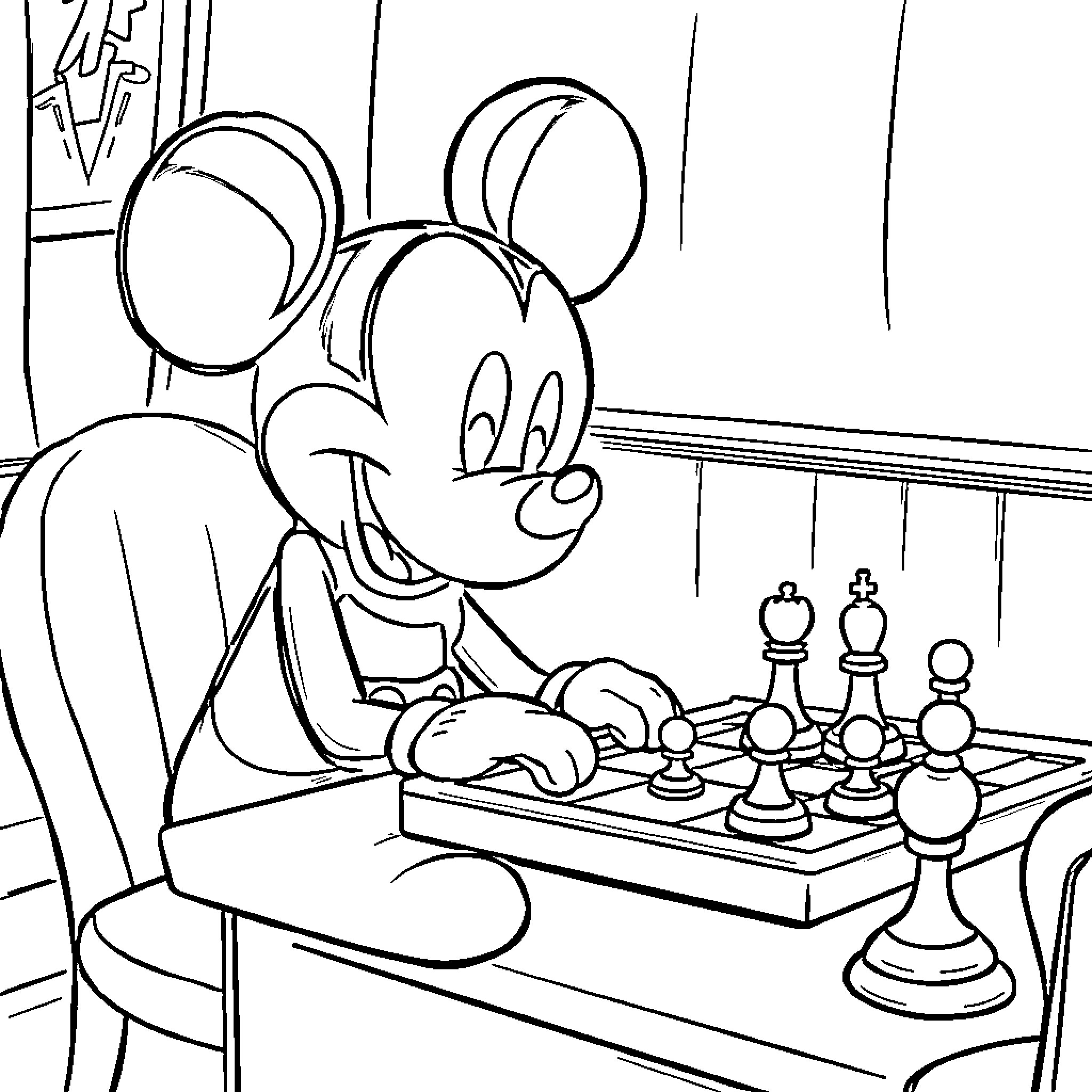 Mickey Mouse playing chess in his room Coloring Page (free black-and-white line drawing printable PDF for all, from beginners to advanced learners, including children, teens, adults, and seniors)