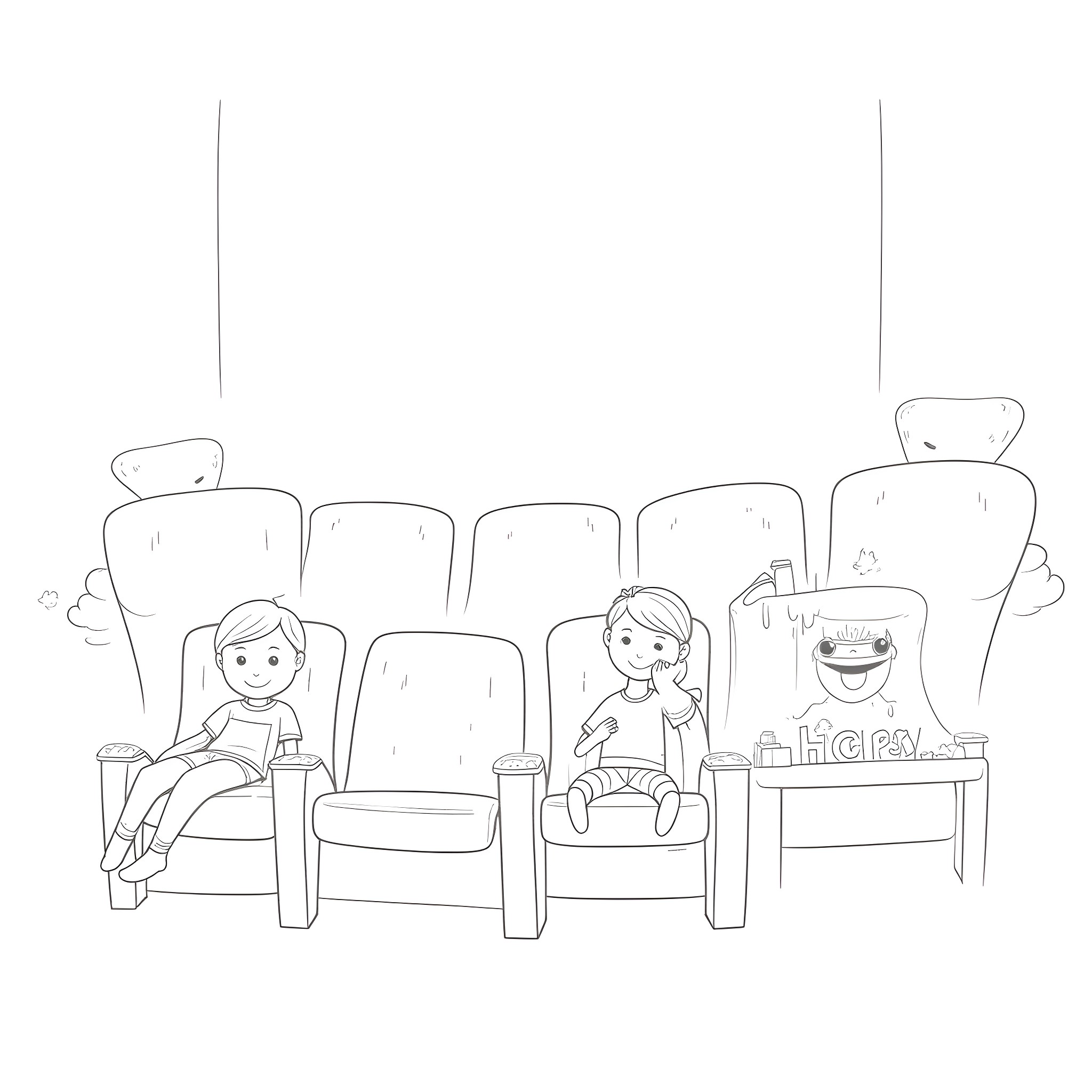 Kid watching cartoon characters in movie theater Coloring Page (free black-and-white line drawing printable PDF for all, from beginners to advanced learners, including children, teens, adults, and seniors)