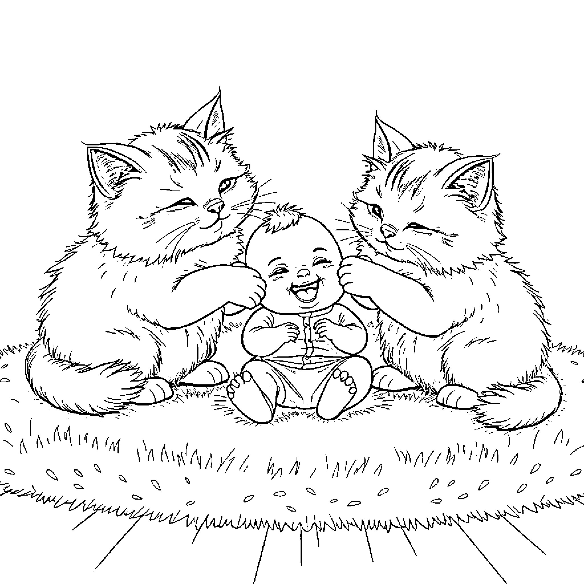 Cats cuddling with a happy baby Coloring Page (free black-and-white line drawing printable PDF for all, from beginners to advanced learners, including children, teens, adults, and seniors)