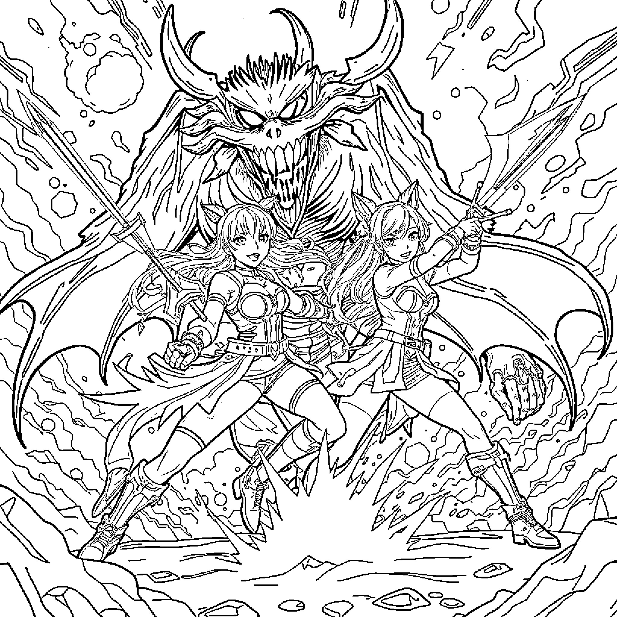 Guerrera - Warrior Siblings Battling Fierce Demon Coloring Page (free black-and-white line drawing printable PDF for all, from beginners to advanced learners, including children, teens, adults, and seniors)