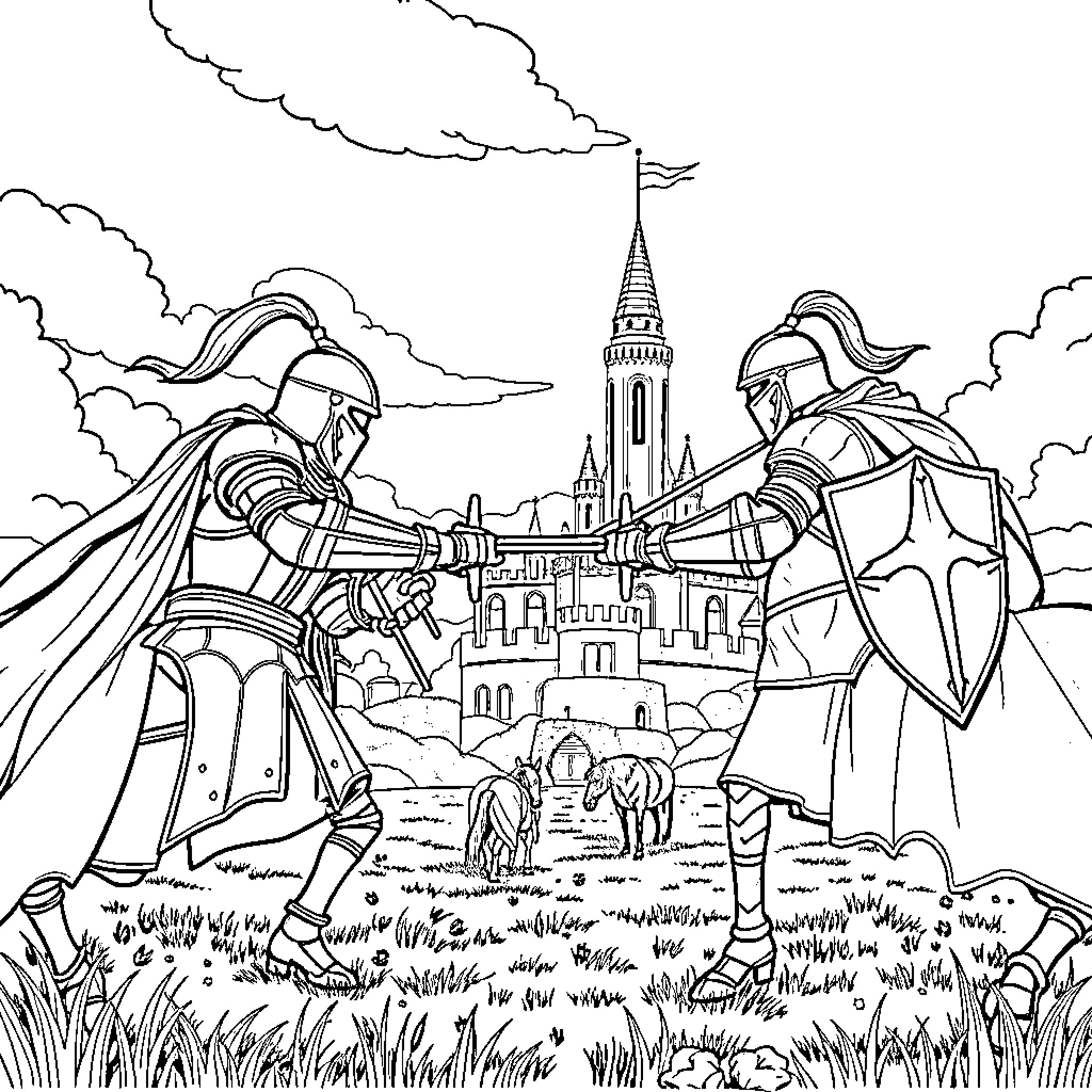 Knight warriors standing guard over a castle Coloring Page (free black-and-white line drawing printable PDF for all, from beginners to advanced learners, including children, teens, adults, and seniors)