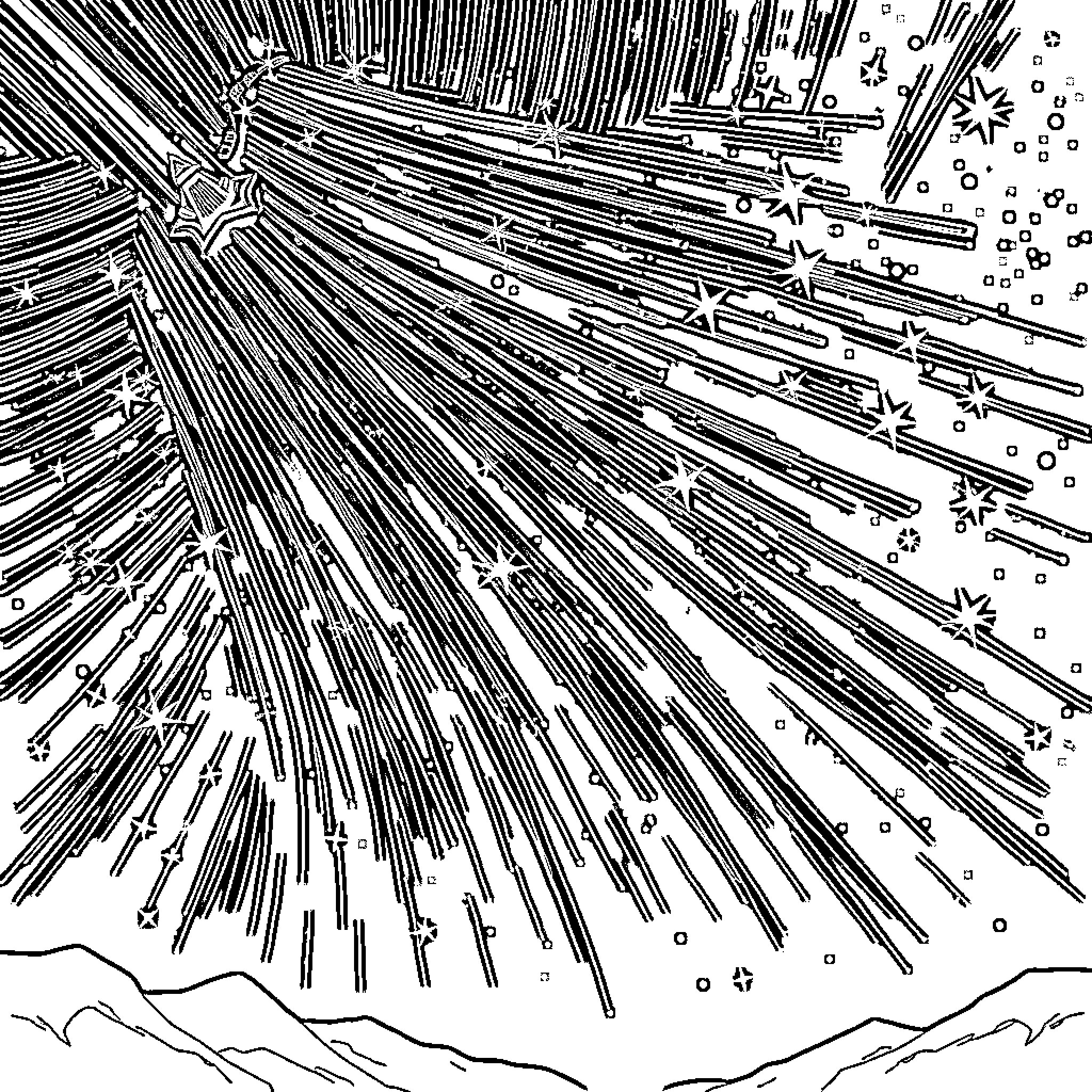 Star Burst of Cosmic Energy and Celestial Particles Coloring Page (free black-and-white line drawing printable PDF for all, from beginners to advanced learners, including children, teens, adults, and seniors)