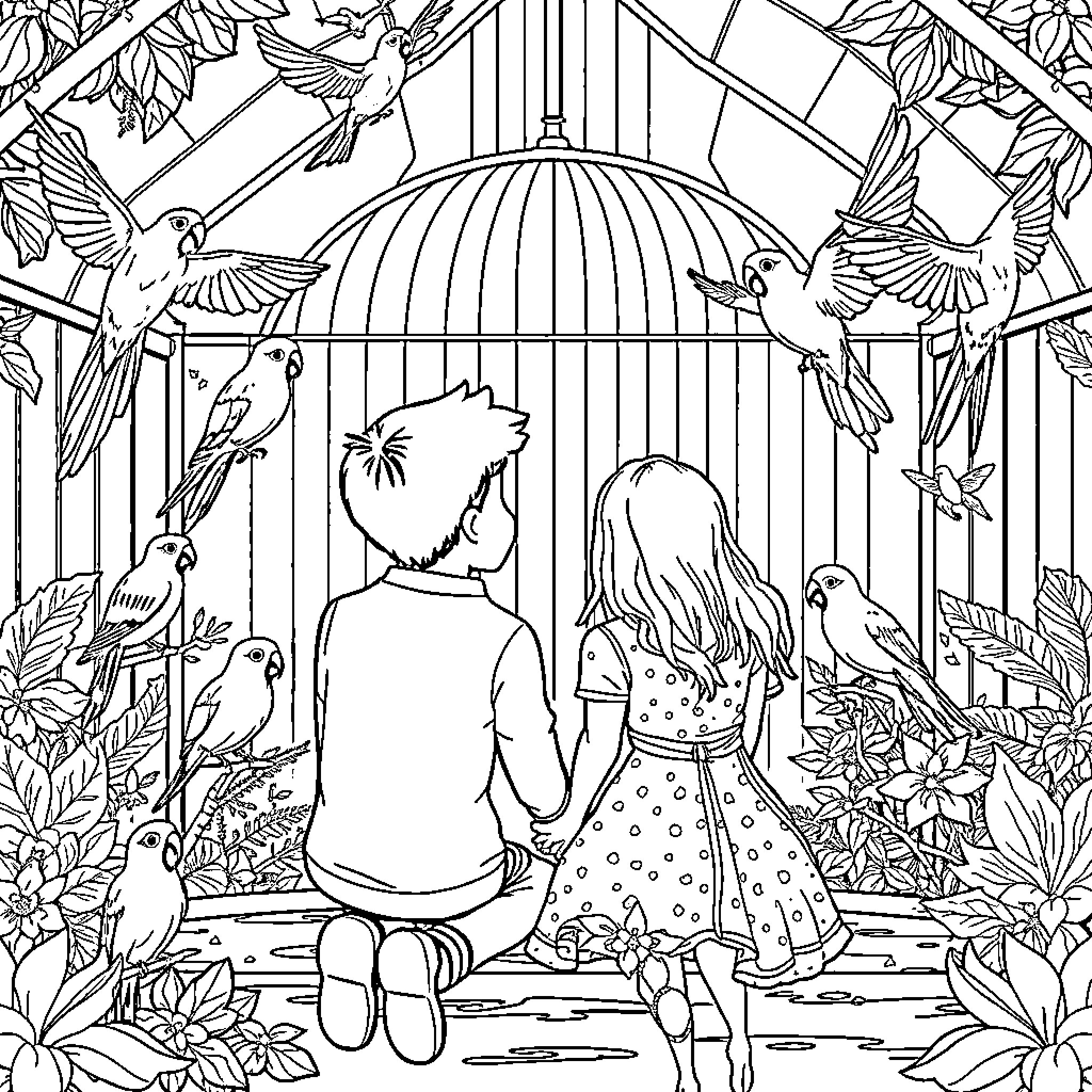 Couple admiring birds in aviary Coloring Page (free black-and-white line drawing printable PDF for all, from beginners to advanced learners, including children, teens, adults, and seniors)