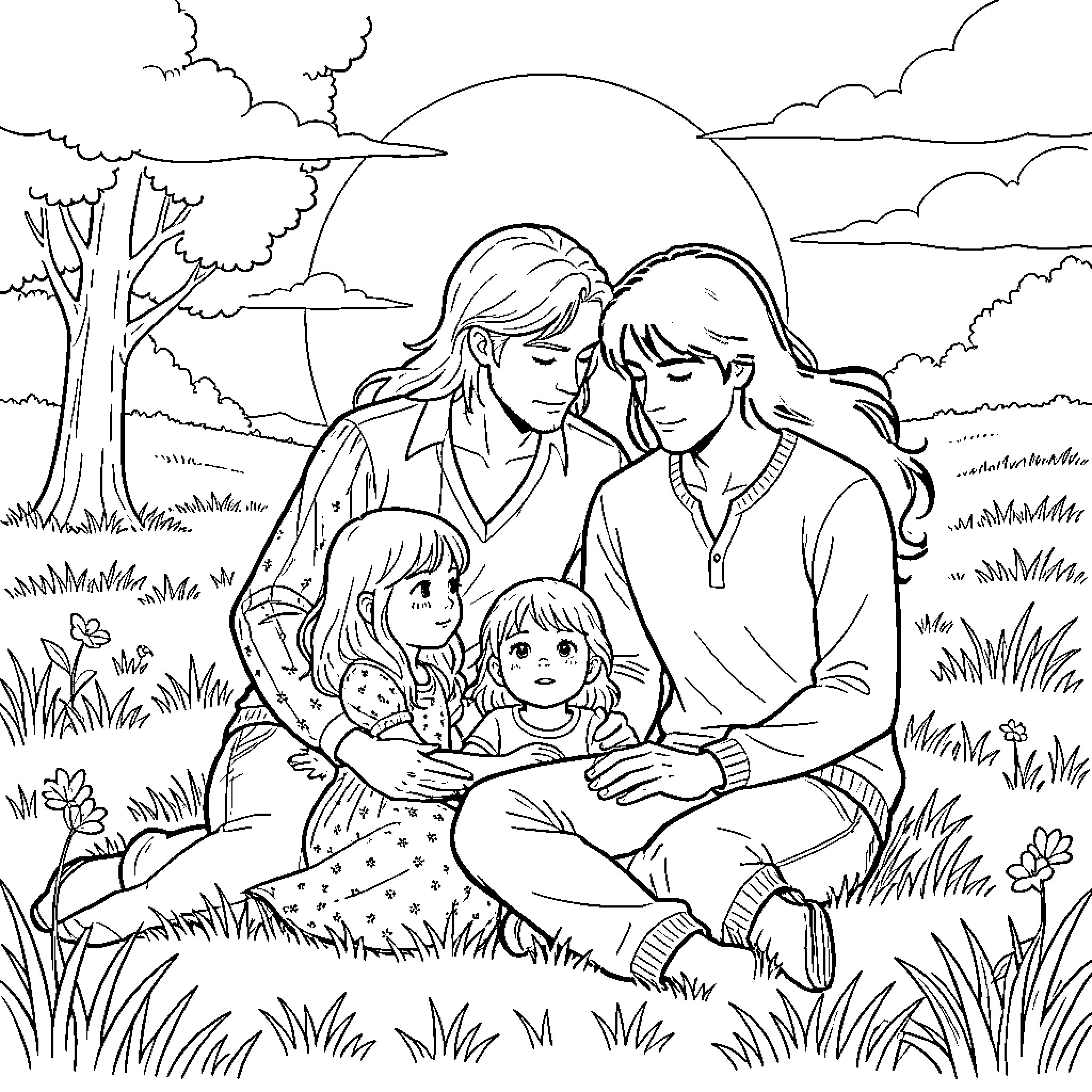 Bella family sitting together in a peaceful meadow Coloring Page (free black-and-white line drawing printable PDF for all, from beginners to advanced learners, including children, teens, adults, and seniors)