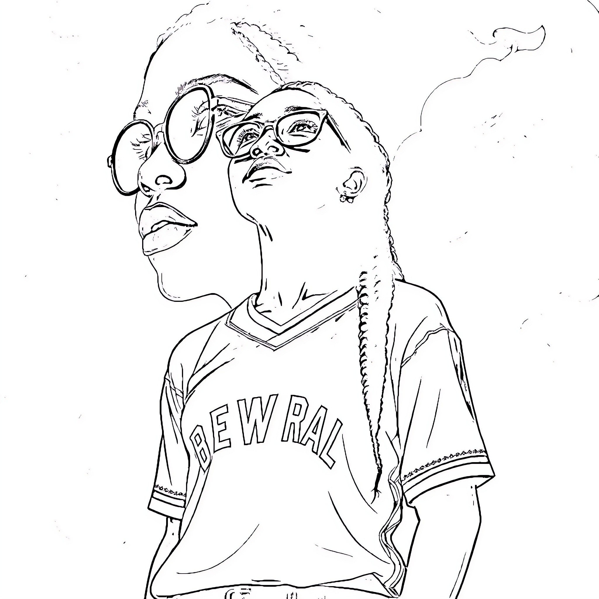 Woman in baseball jersey with glasses Coloring Page (free black-and-white line drawing printable PDF for all, from beginners to advanced learners, including children, teens, adults, and seniors)