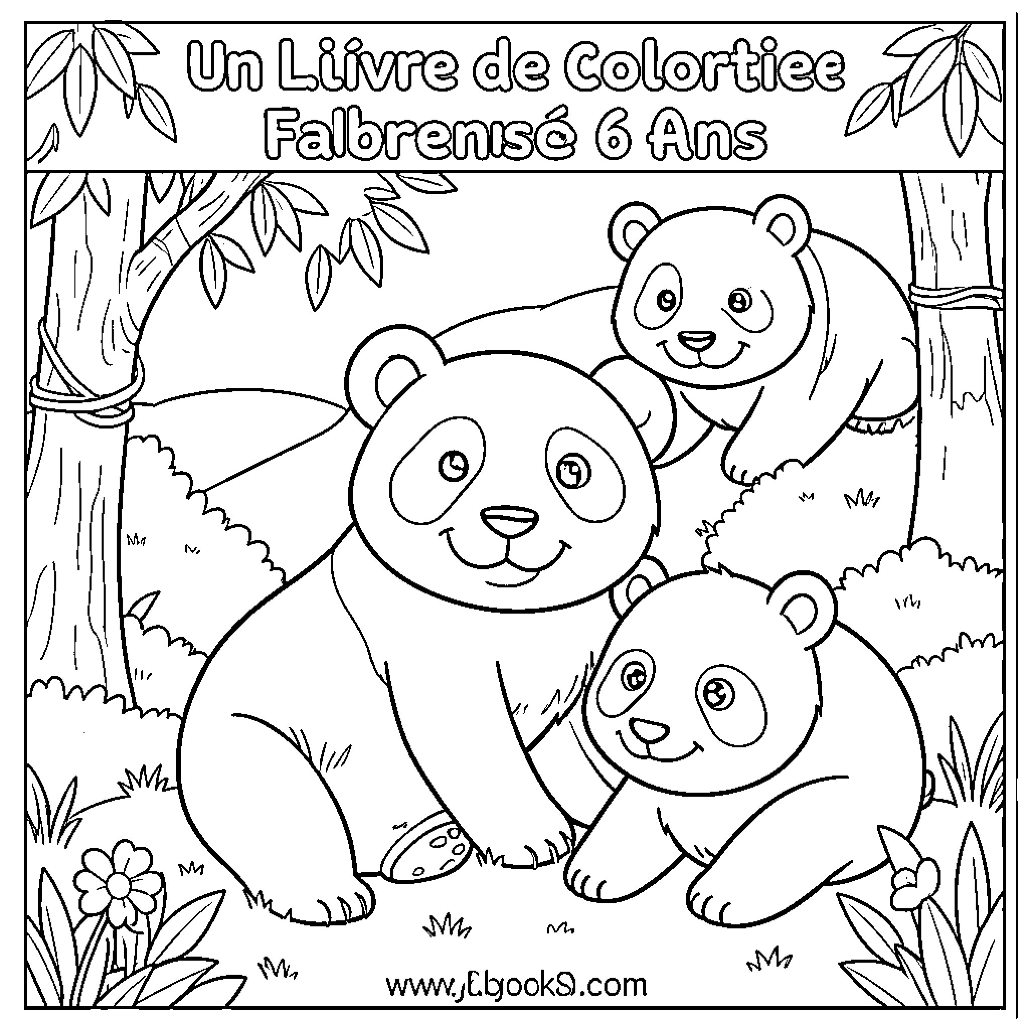 Panda family sitting together in a forest Coloring Page (free black-and-white line drawing printable PDF for all, from beginners to advanced learners, including children, teens, adults, and seniors)