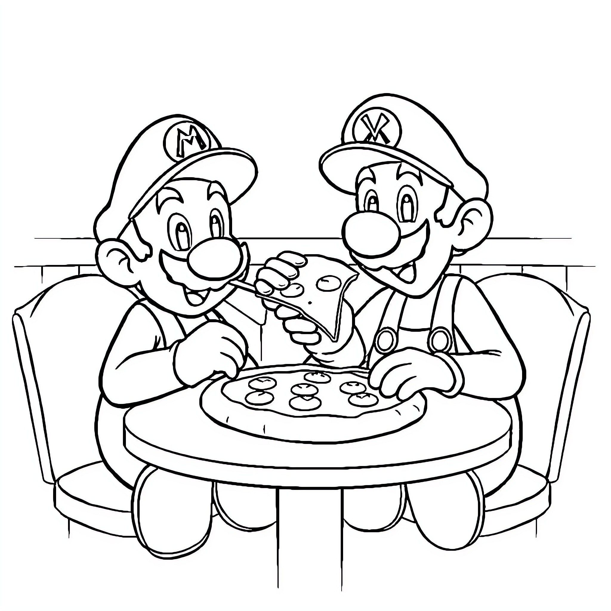 Mario and Luigi Sharing Pizza Together Coloring Page (free black-and-white line drawing printable PDF for all, from beginners to advanced learners, including children, teens, adults, and seniors)