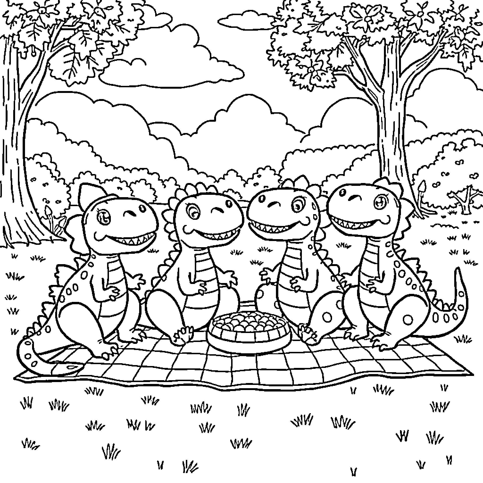 Dinosaurs having a picnic in the forest Coloring Page (free black-and-white line drawing printable PDF for all, from beginners to advanced learners, including children, teens, adults, and seniors)