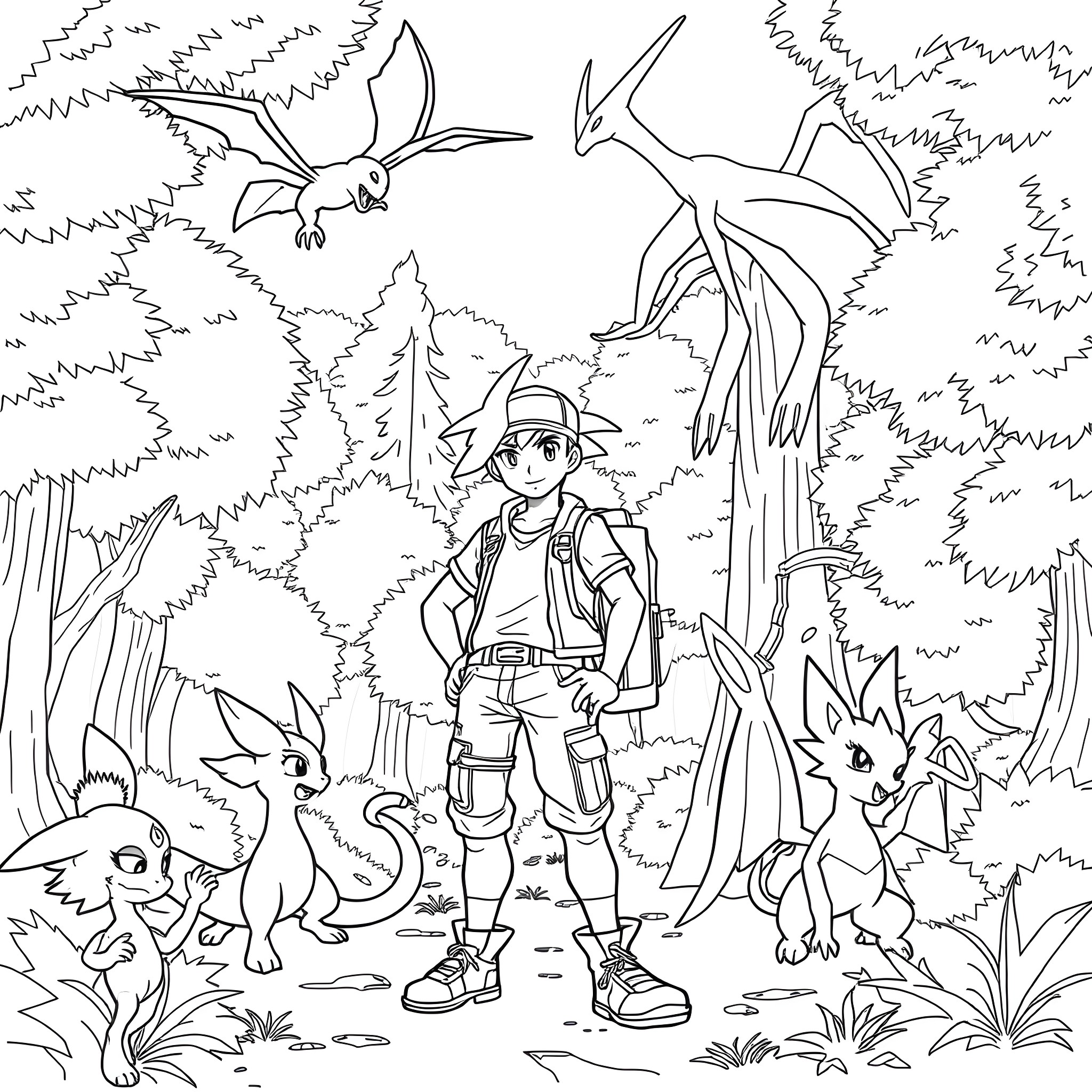 Pokemon Trainer exploring the wilderness with Pokemon companions Coloring Page (free black-and-white line drawing printable PDF for all, from beginners to advanced learners, including children, teens, adults, and seniors)