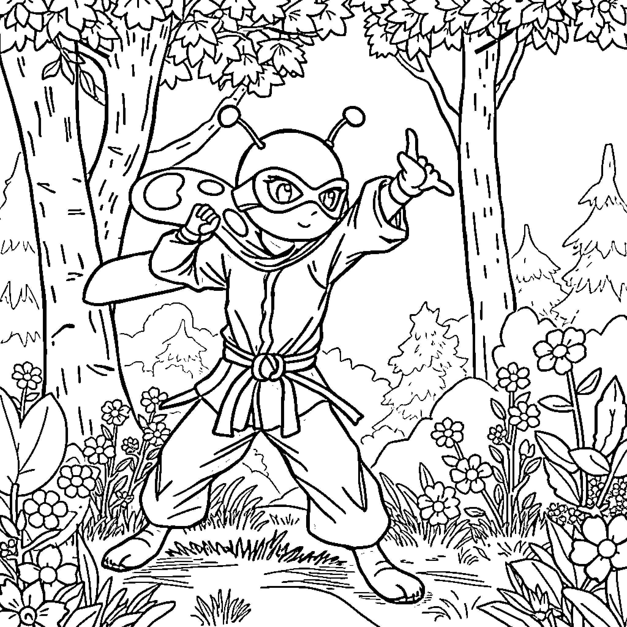 Ladybug in an enchanted forest scene Coloring Page (free black-and-white line drawing printable PDF for all, from beginners to advanced learners, including children, teens, adults, and seniors)