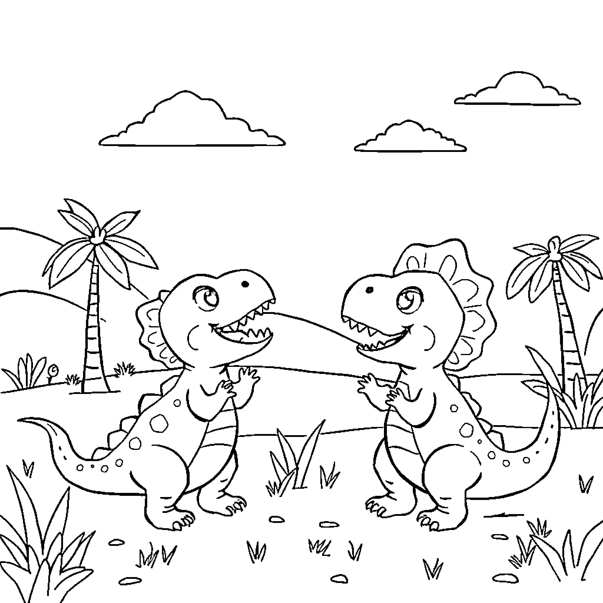 Baby Dinosaurs Playing Together in the Jungle Coloring Page (free black-and-white line drawing printable PDF for all, from beginners to advanced learners, including children, teens, adults, and seniors)