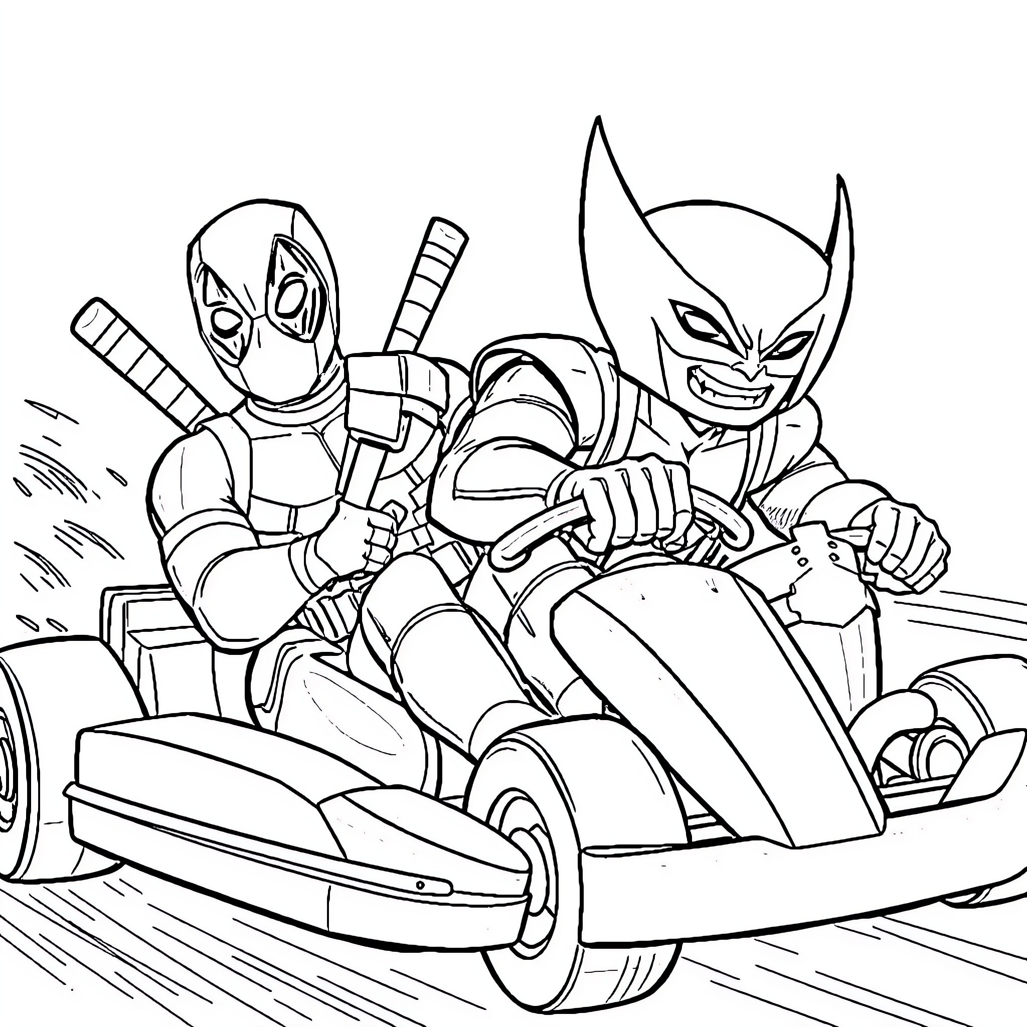 Deadpool and Wolverine engage in high-speed thrills Coloring Page (free black-and-white line drawing printable PDF for all, from beginners to advanced learners, including children, teens, adults, and seniors)