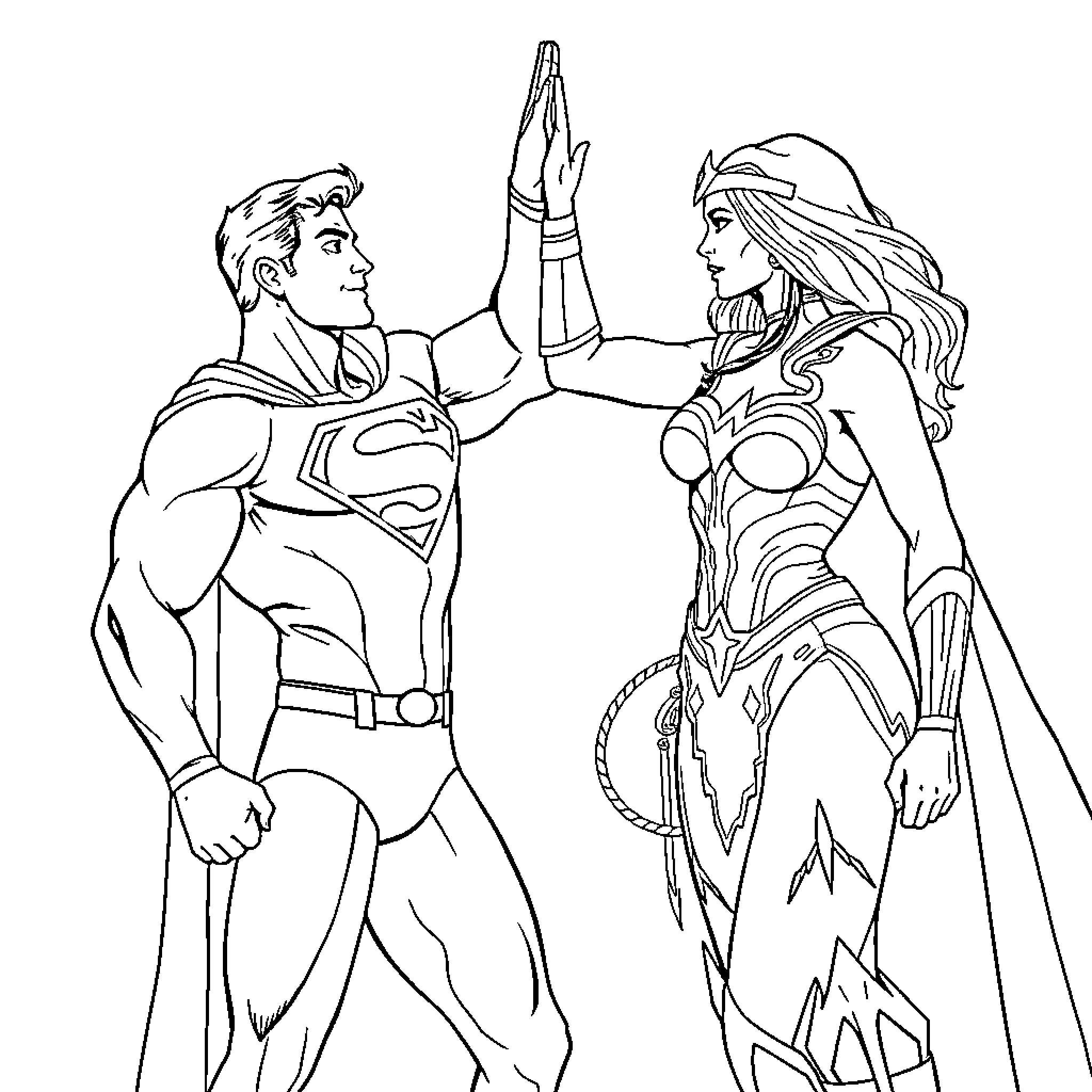 Superman and Wonder Woman in heroic pose Coloring Page (free black-and-white line drawing printable PDF for all, from beginners to advanced learners, including children, teens, adults, and seniors)