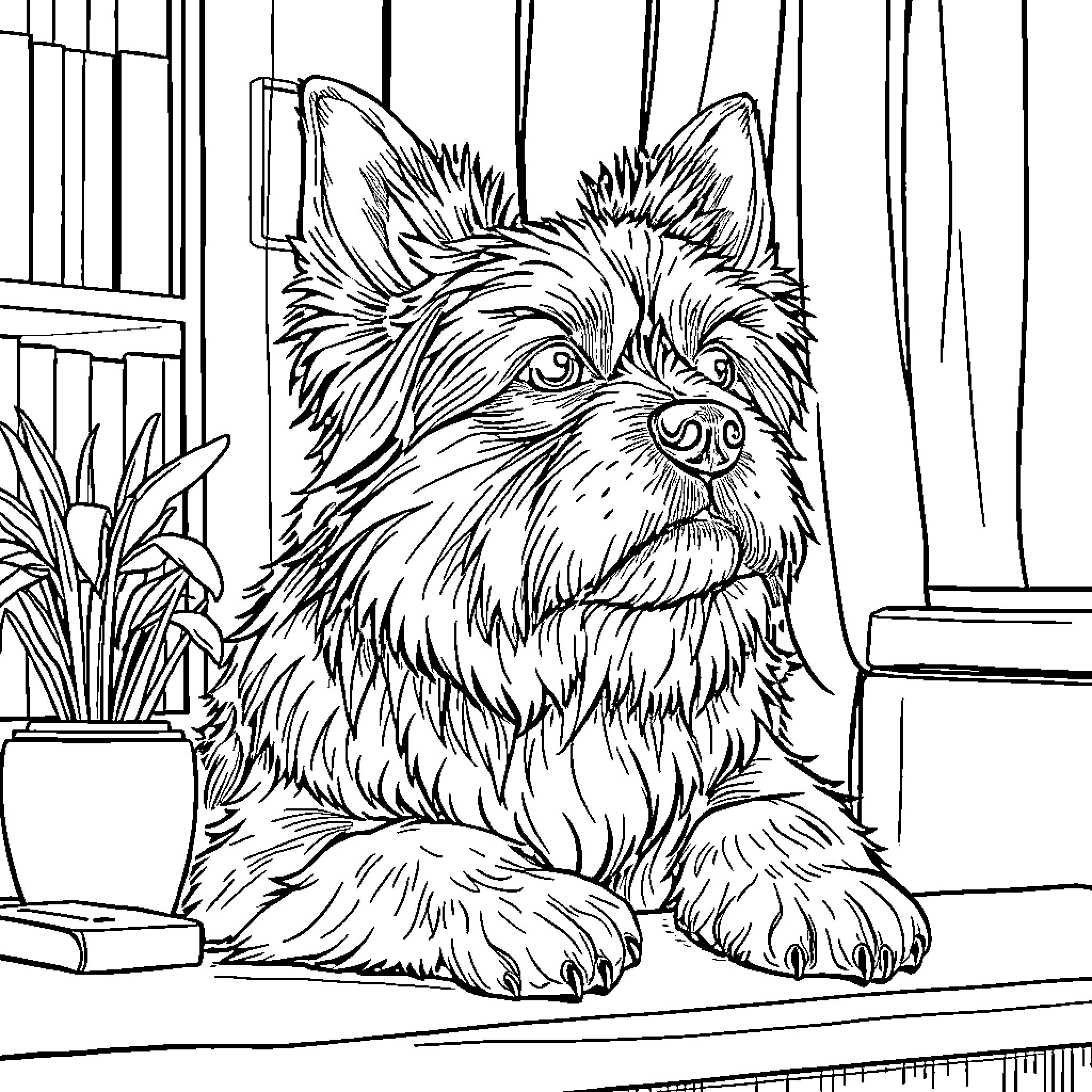 Dog relaxing in cozy indoor setting Coloring Page (free black-and-white line drawing printable PDF for all, from beginners to advanced learners, including children, teens, adults, and seniors)