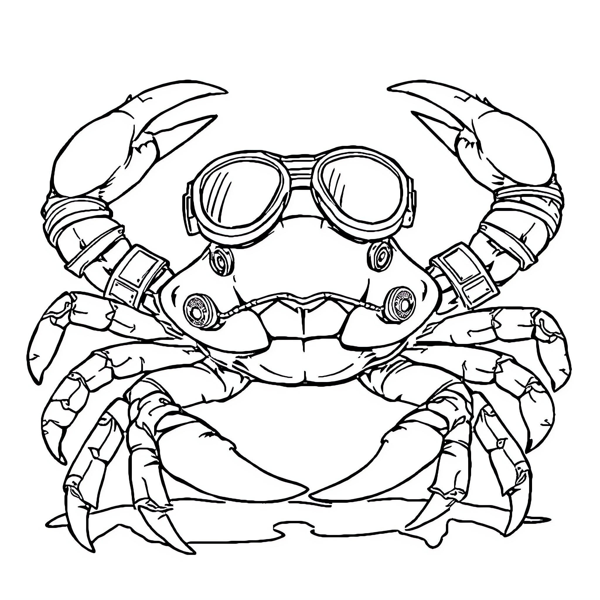 Crab wearing goggles and exploring the underwater world Coloring Page (free black-and-white line drawing printable PDF for all, from beginners to advanced learners, including children, teens, adults, and seniors)