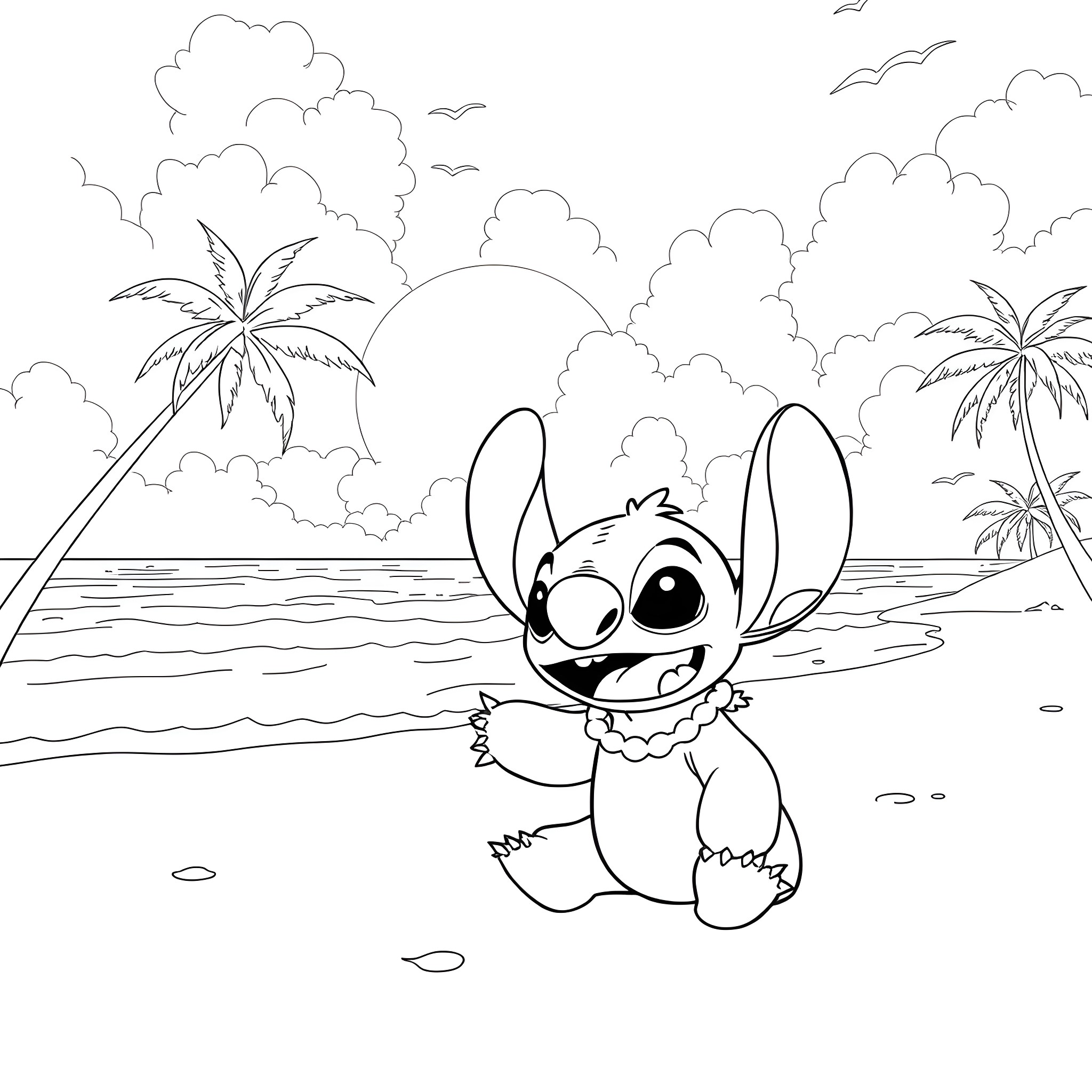 Lilo relaxing on the beach with palm trees Coloring Page (free black-and-white line drawing printable PDF for all, from beginners to advanced learners, including children, teens, adults, and seniors)